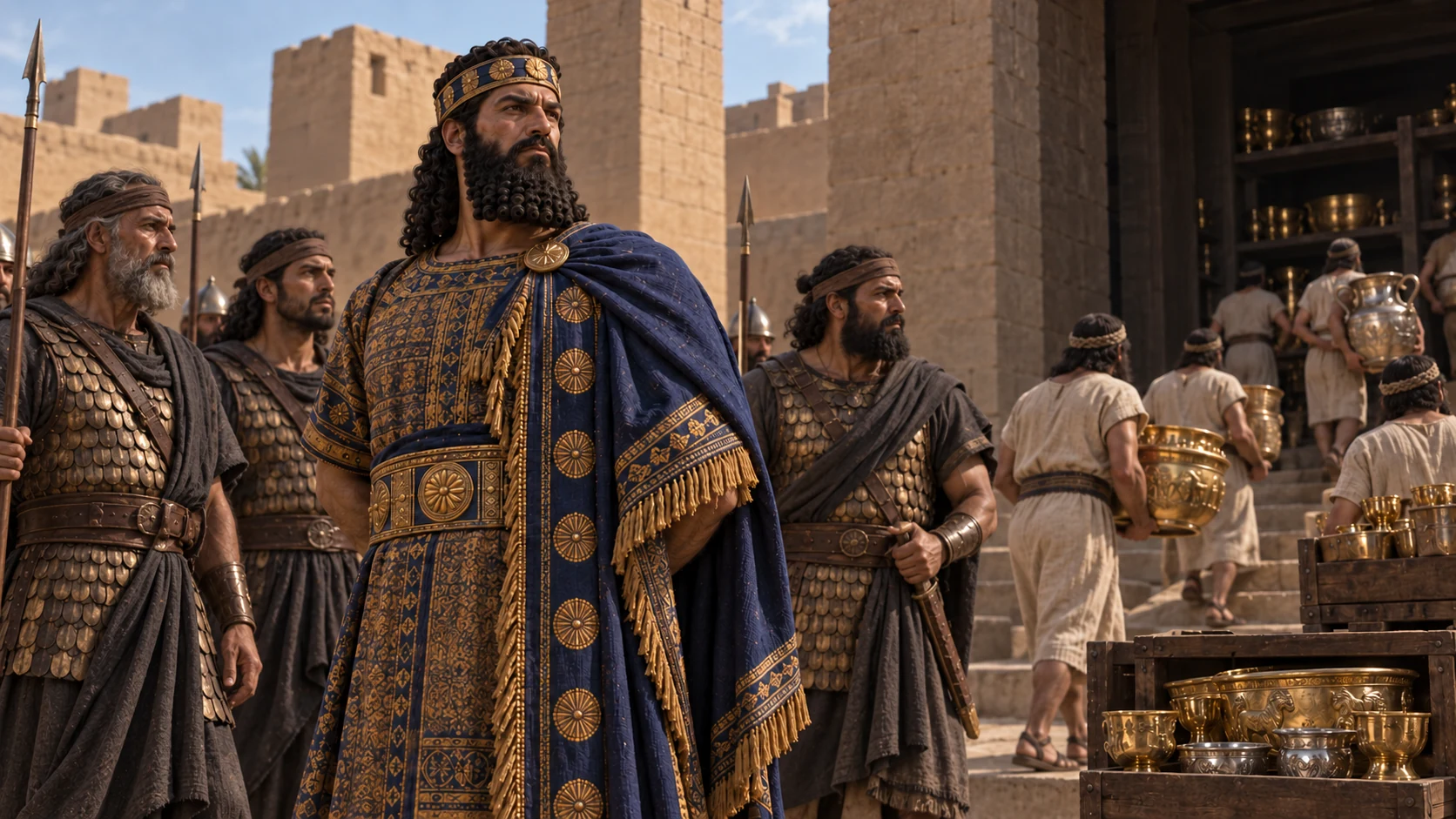 Nebuchadnezzar carries temple vessels into his Babylonian temple.