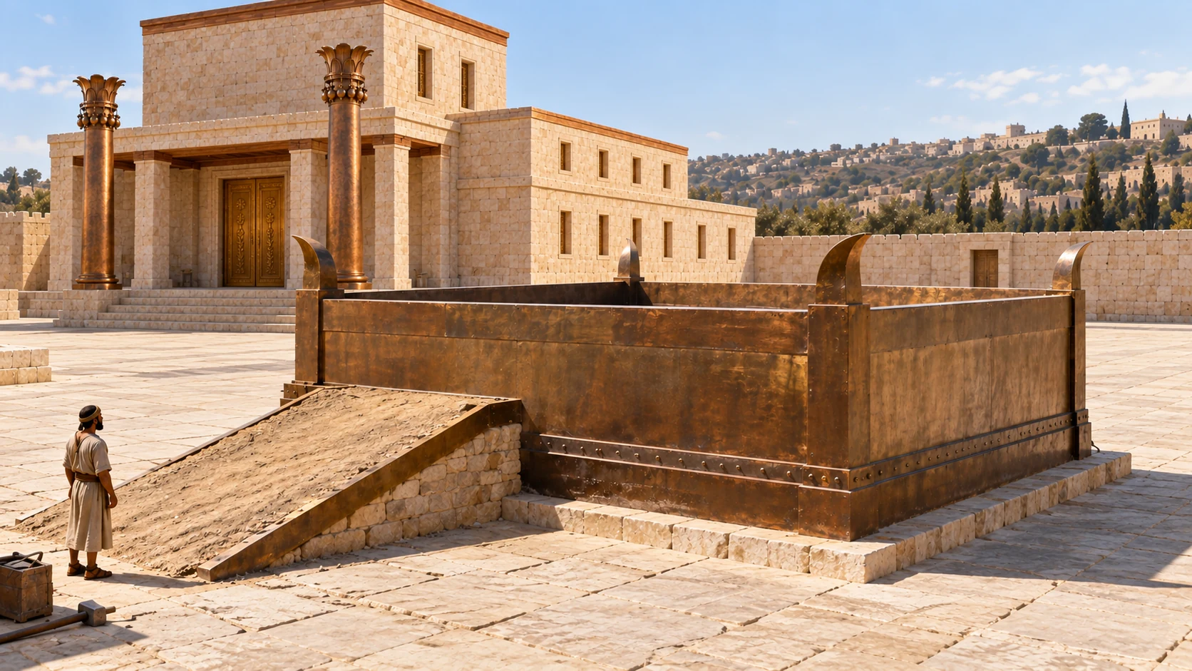 Huge square raised bronze altar in sunlit limestone priest court, broad bronze-clad vertical sides and accessible ancient ramp at side, no flame or sacrifice yet. A small uncrowned artisan gives scale. No giant modern grill or steps cut through altar.