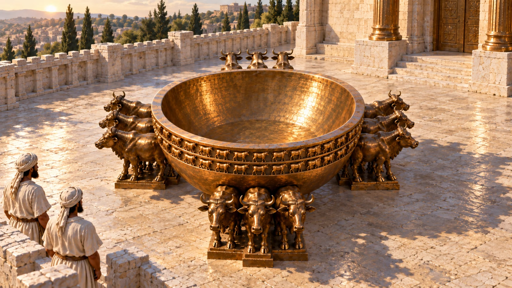 Wide oblique court view with Sea placed beside sunlit eastern/southern temple corner, matching same bowl and twelve cast oxen reference, four groups of three; temple cropped behind avoids rebuilding architecture. No compass or map, object placement interpretive without claiming orientation can be inferred from pixels.