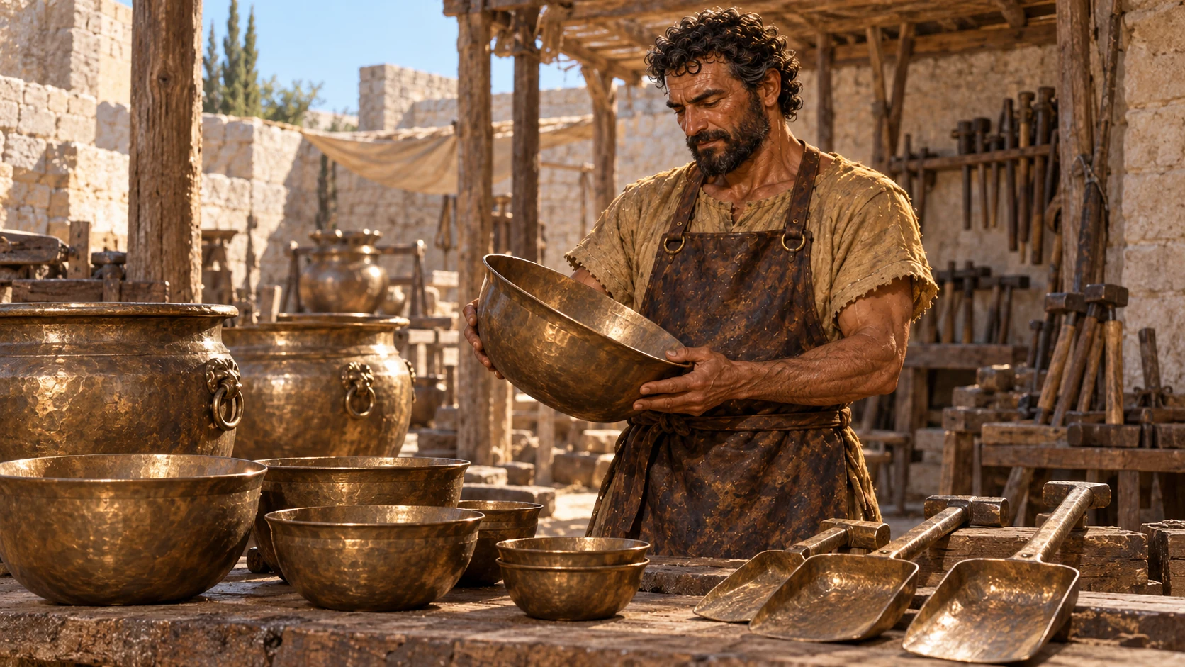 Dedicated uncrowned artisan Huram-abi examines finished bronze pots shovels bowls on rough workbench. Match RIGHT workshop portrait reference olive skin wavy dark hair dark beard ochre tunic leather apron. Natural two hands, quiet satisfied expression, ancient workshop, no king.