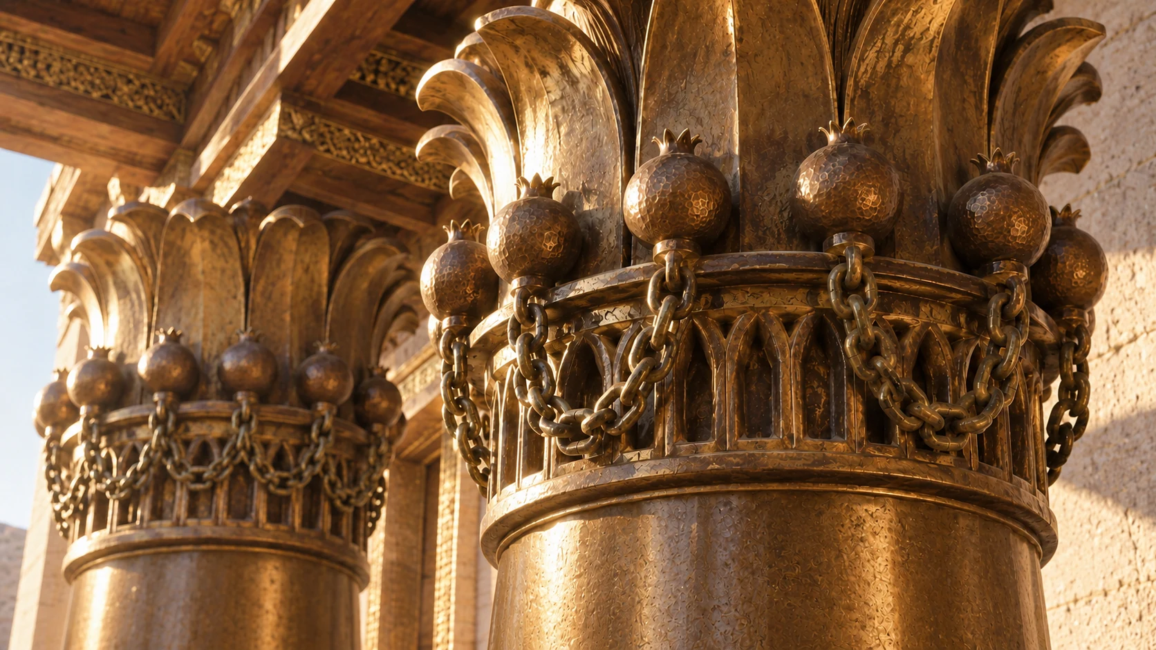 Close low oblique two bronze pillar capitals with bowl-shaped cores under lily-style petals, open cast latticework and chains, consistent design reference, sunlight glints bronze, no large temple whole or invented lettering.