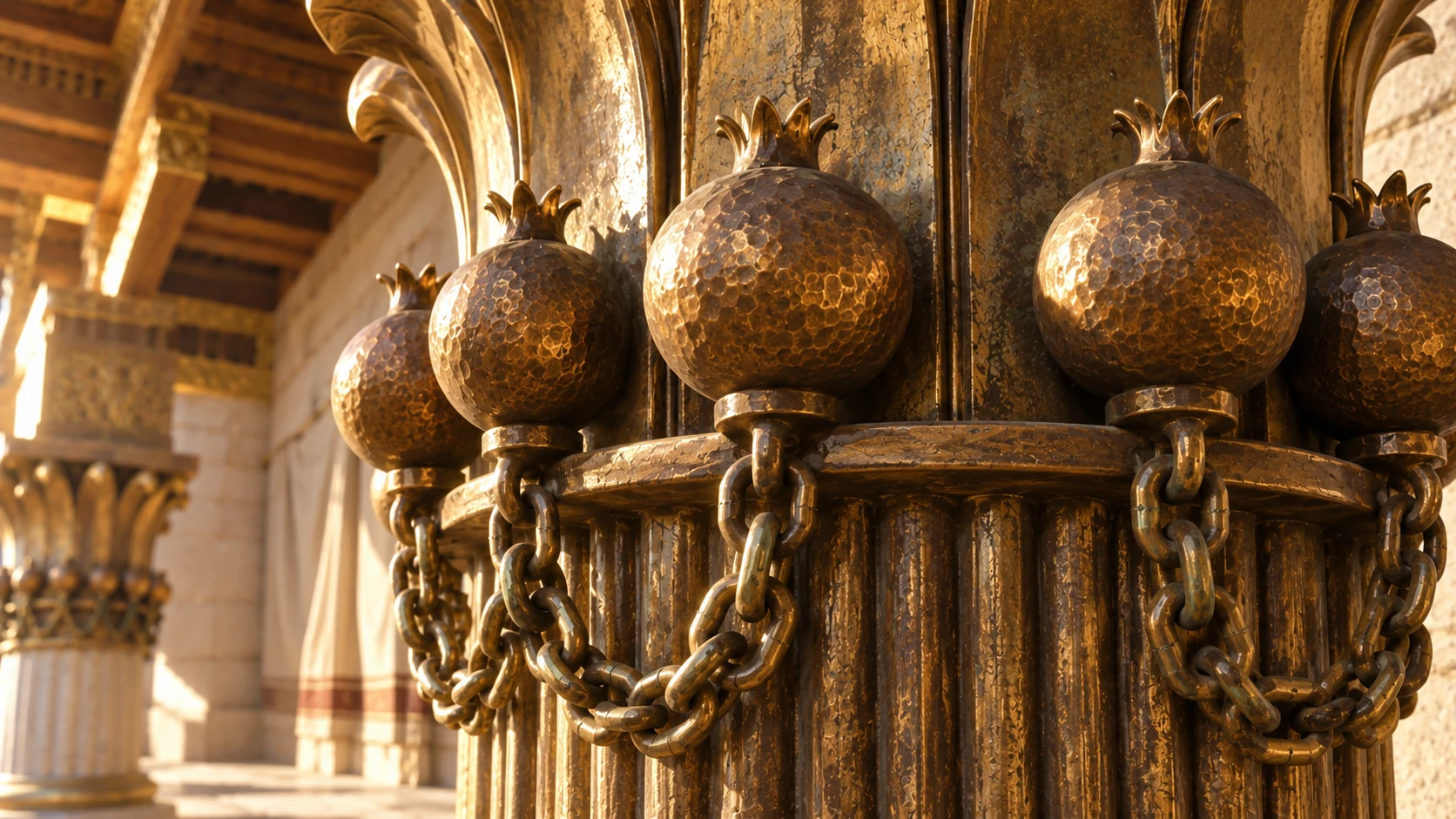 Macro photograph recognizable round bronze pomegranates with crown-shaped calyx attached in TWO rows along pillar lattice, chain detail, shallow focus. Match pomegranate texture and pillar design reference. Representative detail does not show all four hundred.