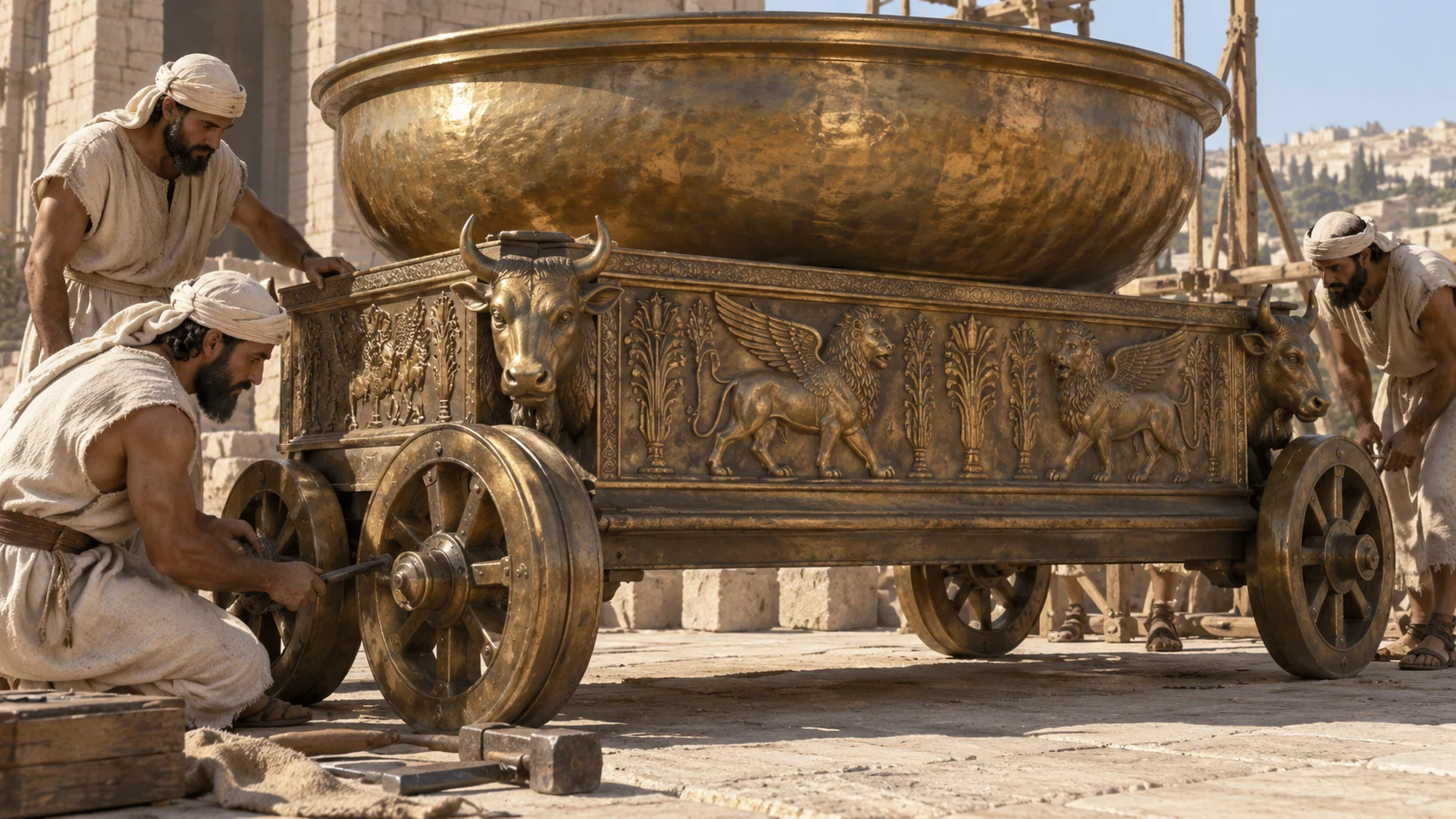 Single ornate rectangular bronze basin stand with bowl fitted on top, four ancient cast bronze wheels beneath, lion ox cherub decorative relief panels, linen-clad artisans check wheel axle with ancient hand tools. Practical bronze casting design, no modern cart components.