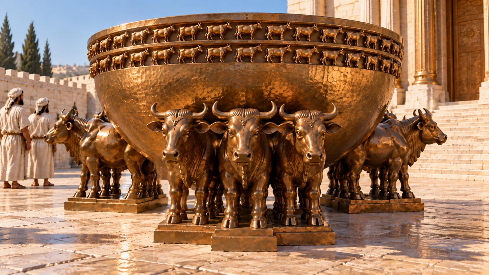 Low close three-quarter view of Sea bowl matching reference supported by twelve cast oxen in groups of three, near group three full faces and flank groups visible, do not fabricate more oxen. Emphasize inanimate bronze legs and backs carrying round basin weight; two rows small ox motifs at rim.