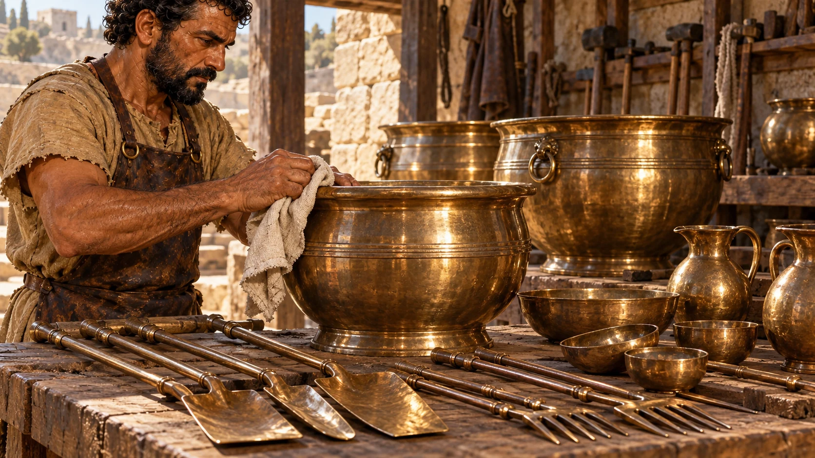 Close artisan workshop still-life of finished polished bronze pots, shovels, forks and utensils across cedar bench; hands of Huram-abi right workshop reference polishing rim with linen cloth. His uncrowned profile visible upper left, dedicated portrait identity retained.