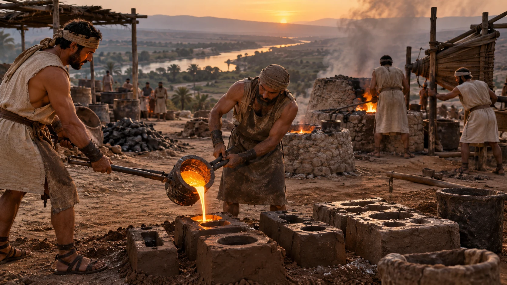 Wide ancient open-air bronze foundry on Jordan valley clay soil, workmen carefully pour glowing molten bronze from small crucible into clay-ground molds using wooden-handled tongs. Realistic primitive charcoal furnaces, woven bellows, dusk smoke, no modern blast furnace or casting machinery, distant valley river.