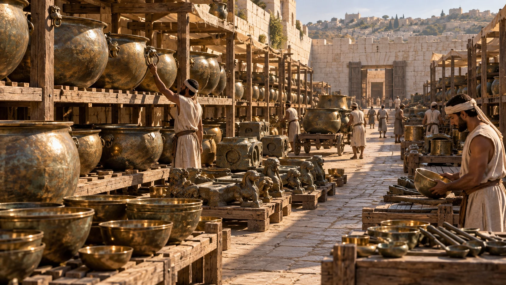 Long ancient storage yard with abundant bronze pots bowls utensils and unfinished bronze castings arrayed on cedar racks, differing physical sizes, rich reflected light, no modern industrial shelves or readable tally scrolls. Representative abundance, not exact weight claim.