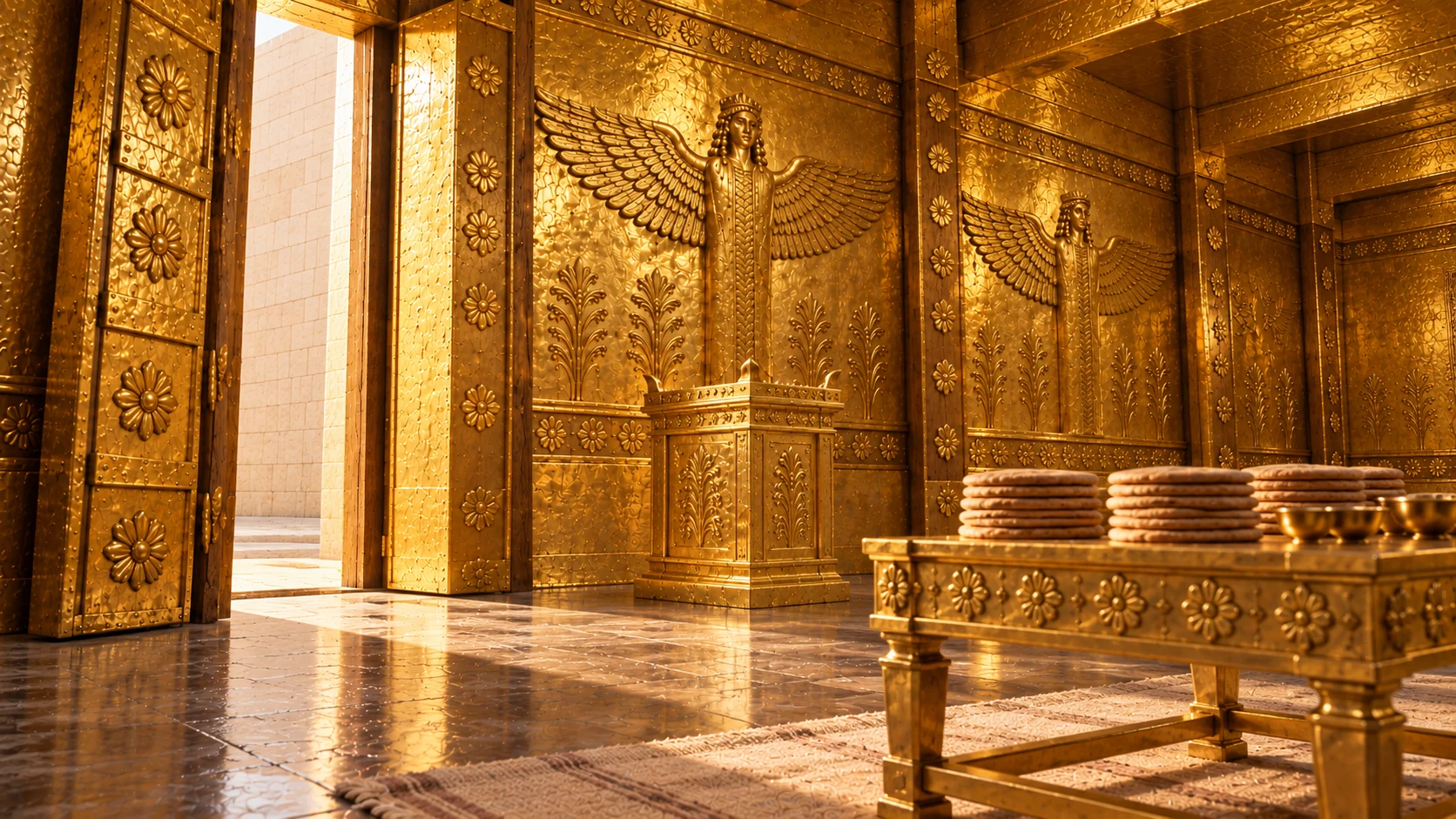 Close coherent golden nave setting: modest rectangular gold-covered incense altar at center background and nearest gold-covered bread table with orderly unleavened bread. Golden wall relief motifs match reference. No priests officiating, Ark or supernatural light.