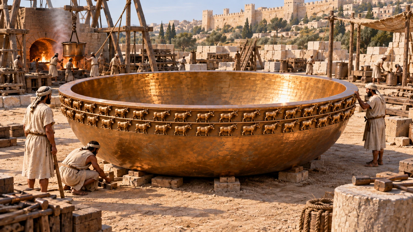 Great round cast bronze basin matching reference bowl design in an ancient casting yard, no support oxen installed yet, low broad circular vessel with smooth bronze surface and sculpted rim, workers tiny nearby give monumental scale.