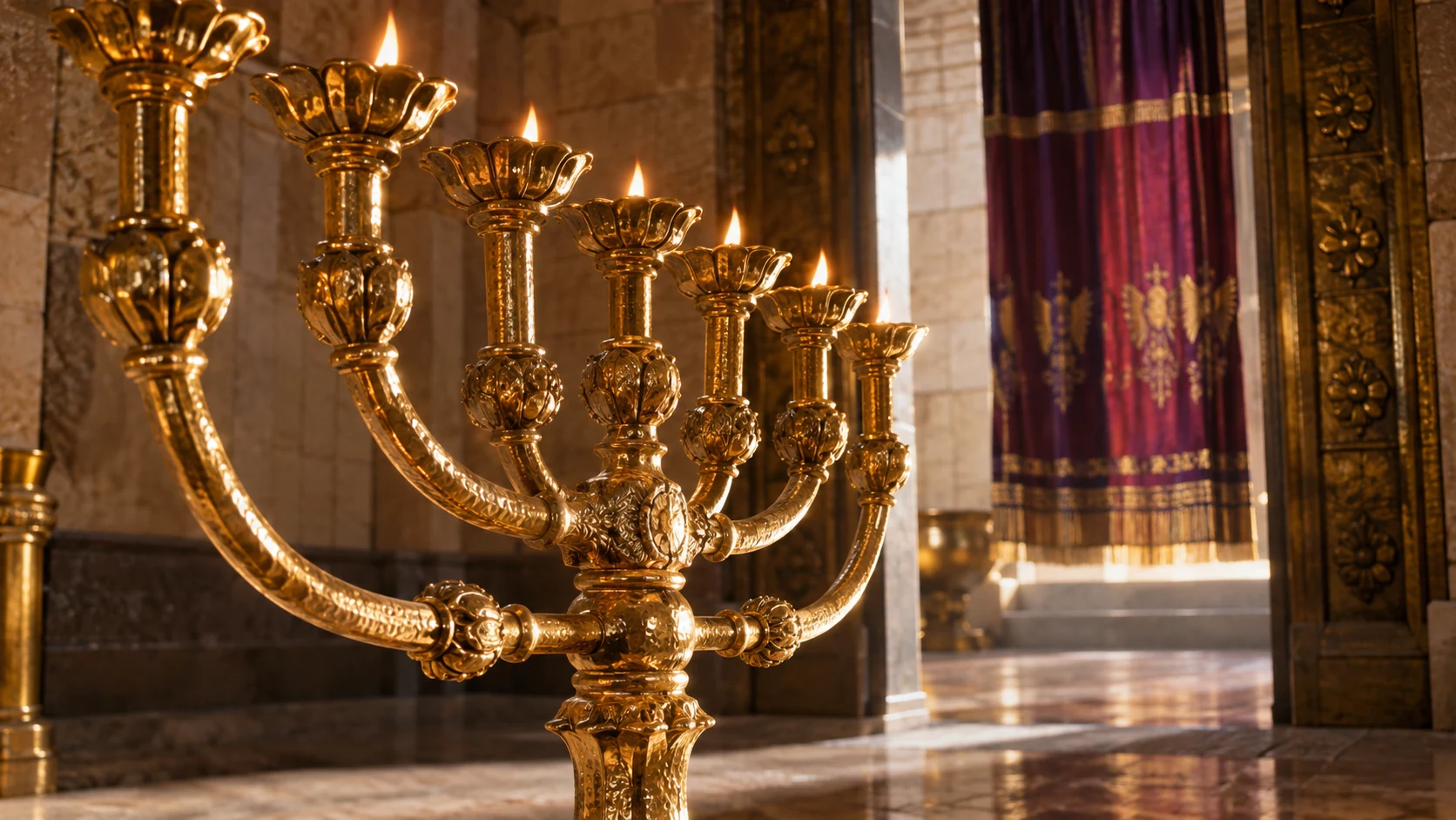 Low close intimate view of gold branched oil lampstand with small real oil flames, rear doorway and blue purple crimson sanctuary veil softly out of focus. Pure hammered gold realistic reflections, no candles, readable text or Ark.