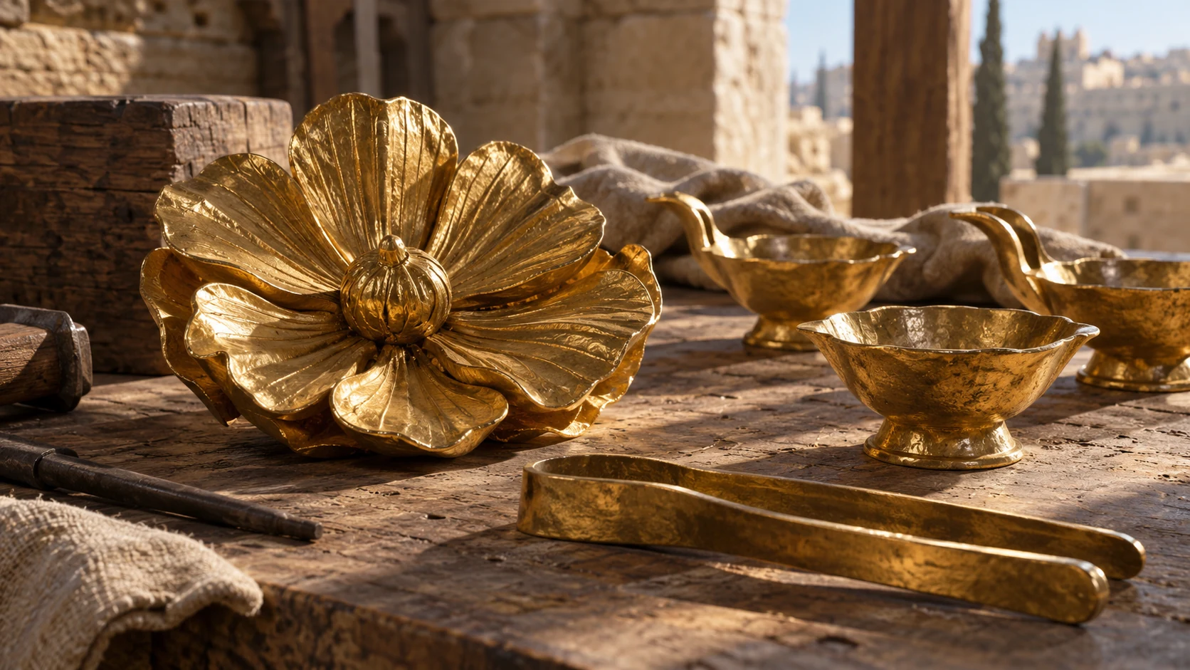Macro still-life of gold botanical flower ornament, oil lamp cups and simple gold tongs on cedar workbench, raking light tactile hand-worked surfaces, no jeweled fantasy objects or modern pliers.