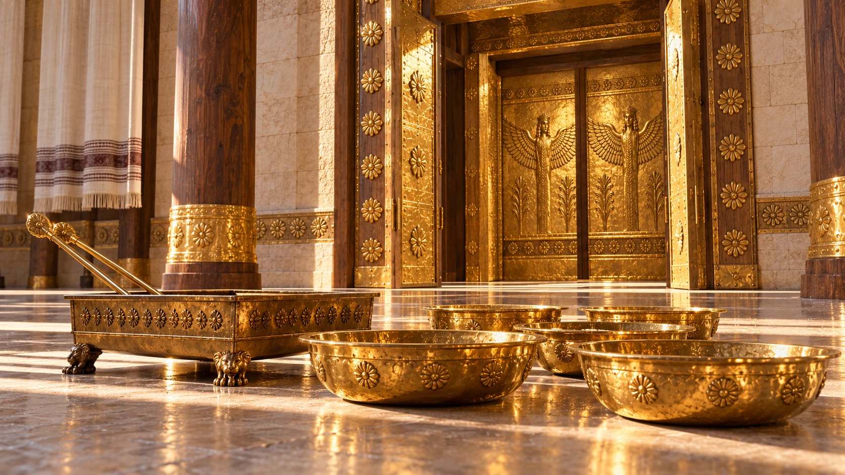 Foreground modest pure-gold snuffers shallow basins bowls and firepan carefully arrayed, background gold-overlaid rectangular nave doors and glimpse of inner sanctuary doors with cherub/palm relief consistent reference; one coherent architectural view, no Ark or new people.