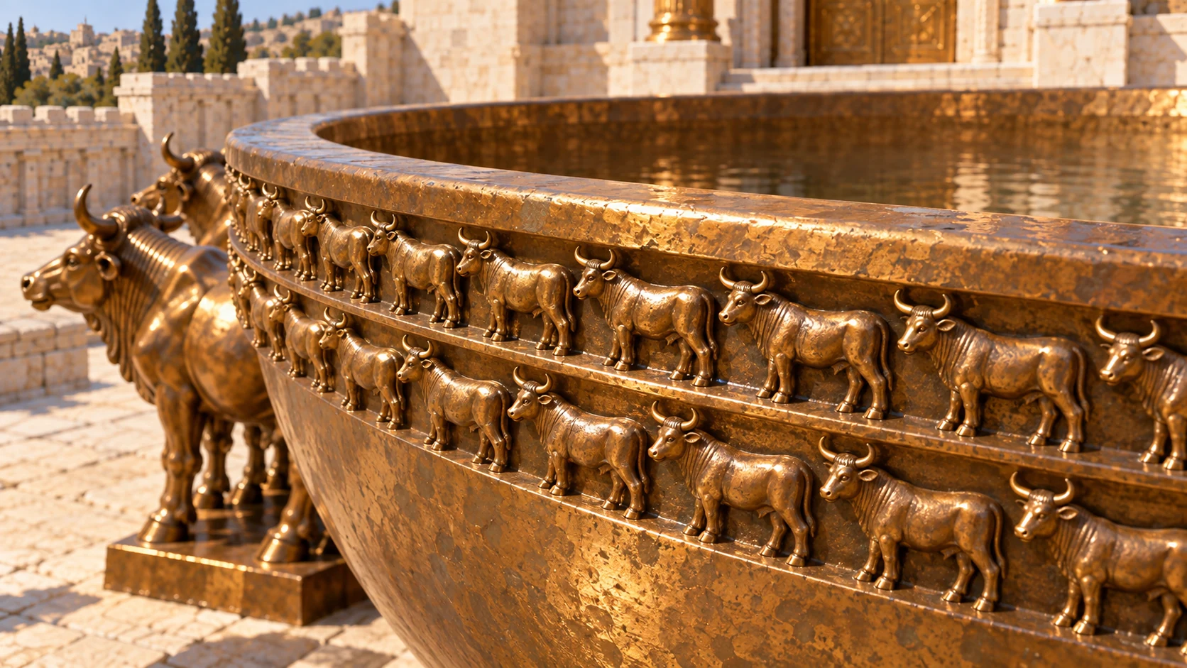 Close low oblique bronze Sea rim detail: TWO rows of small CAST OX FIGURES beneath lip, miniature recognizably bovine heads horns and bodies molded in metal, all cast integral with basin. Preserve basin curve from reference, replace its gourd motifs with small oxen as this chapter describes, no text.