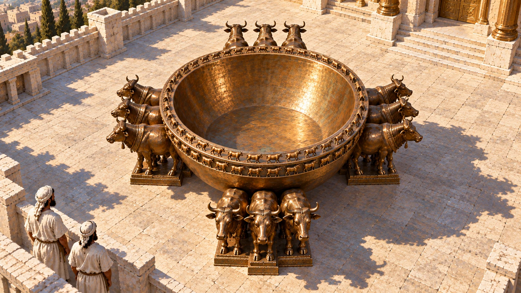 Same round bronze Sea and TWELVE oxen support statues as reference, precisely 4 groups of 3. Elevated oblique near-overhead view exposes front three faces, left three outward faces, right three outward faces, and far three backs and horns directed away. Rear parts inward, bowl centered above them. Keep twelve separate heads recognizable, no living cattle. Add small two rows cast ox figures on rim replacing gourd motifs.