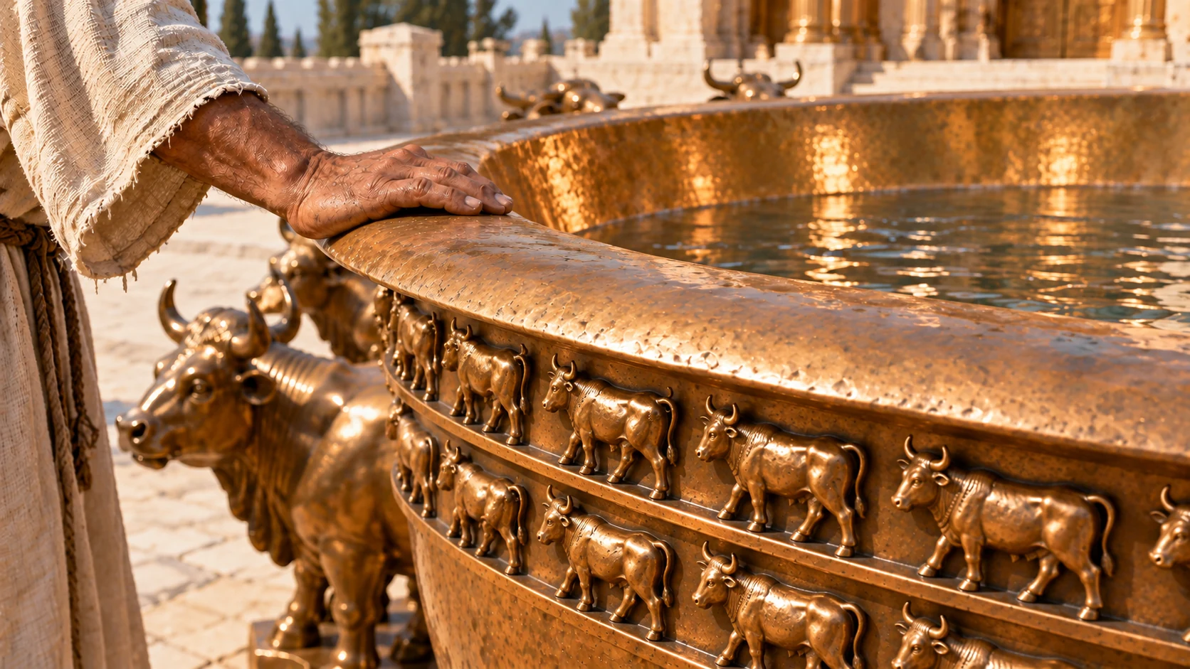 Macro close Sea rim cross-profile, massive cast bronze lip curves outward like lily petal with handbreadth thickness conveyed by a linen-sleeved artisan hand nearby, hammered bronze natural imperfections, water surface inside reflects light. Match bowl body reference, use small oxen rim motifs.