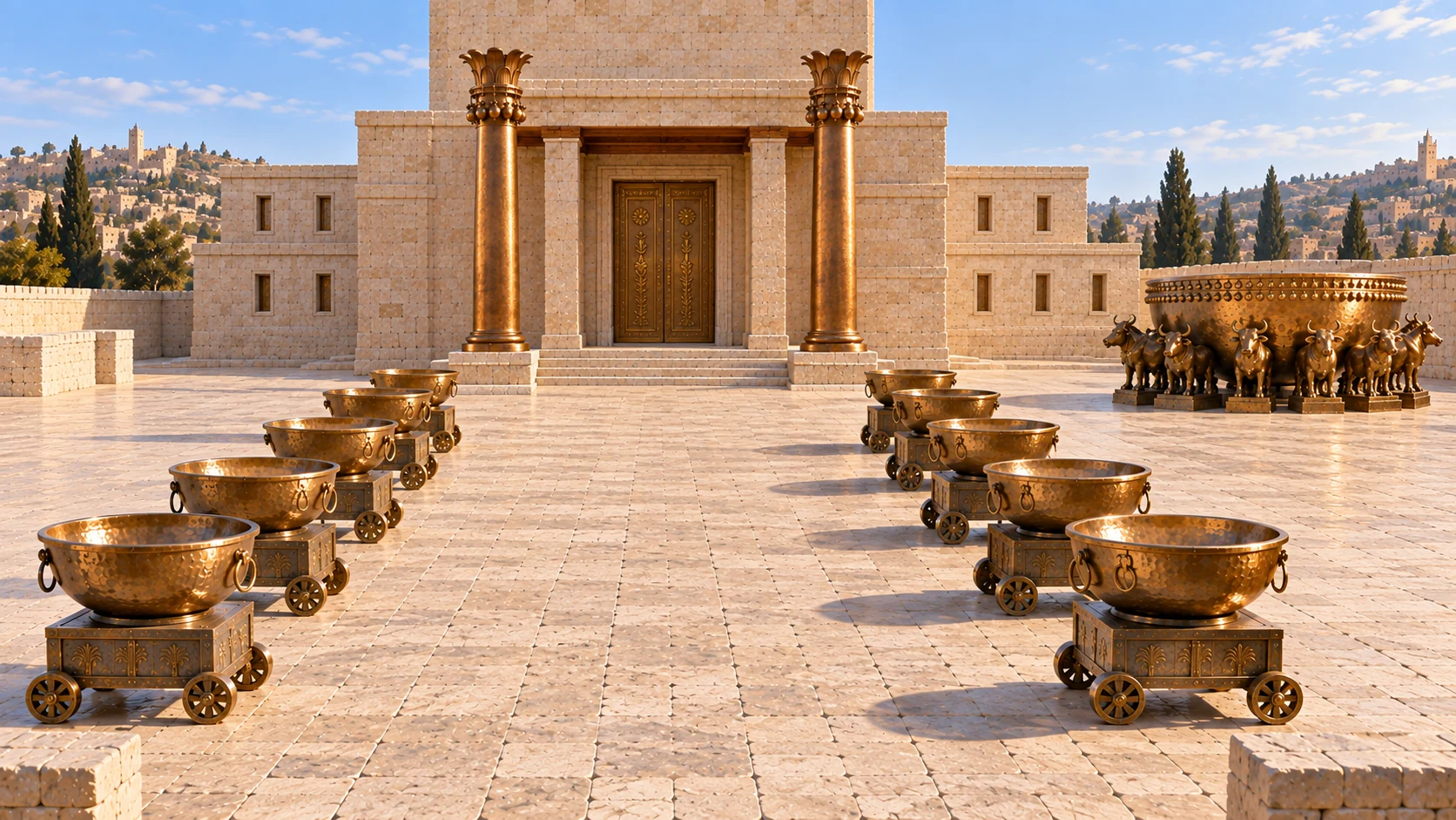 Wide symmetric limestone court arrangement of TEN matching bronze wash basins on wheeled square stands, FIVE on each side of open central court, large Sea at far side matching reference bowl and twelve oxen. Empty court no priests washing yet; object arrangement photographed clearly, no exaggerated crowd.