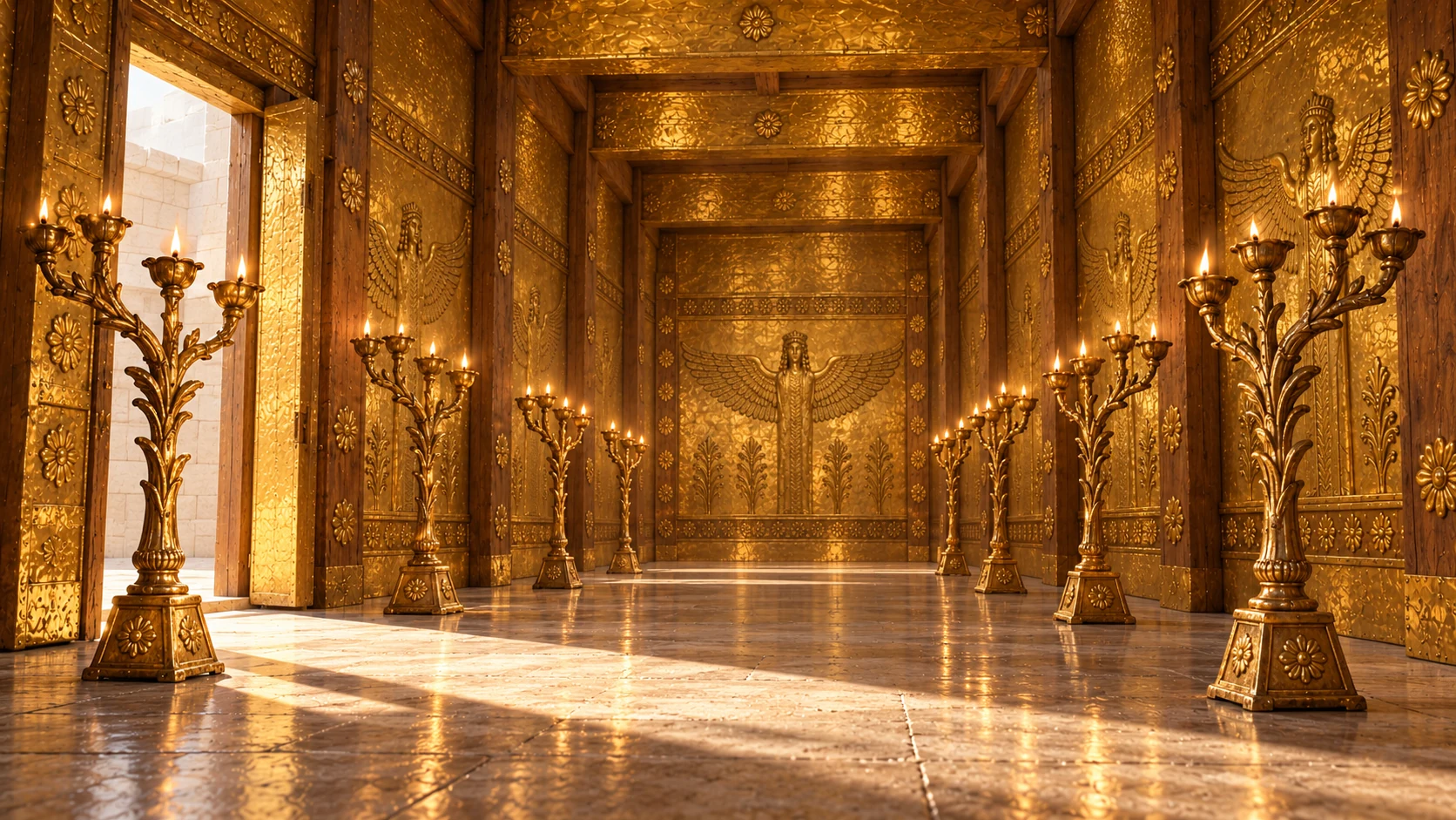 Golden narrow cedar nave matching wall motifs reference. TEN matching ancient gold branched oil lampstands, FIVE left FIVE right, all individually distinguishable in long perspective. Handcrafted botanical stem and cups, modest stands no modern candles or electric bulbs. Small practical oil flames only.