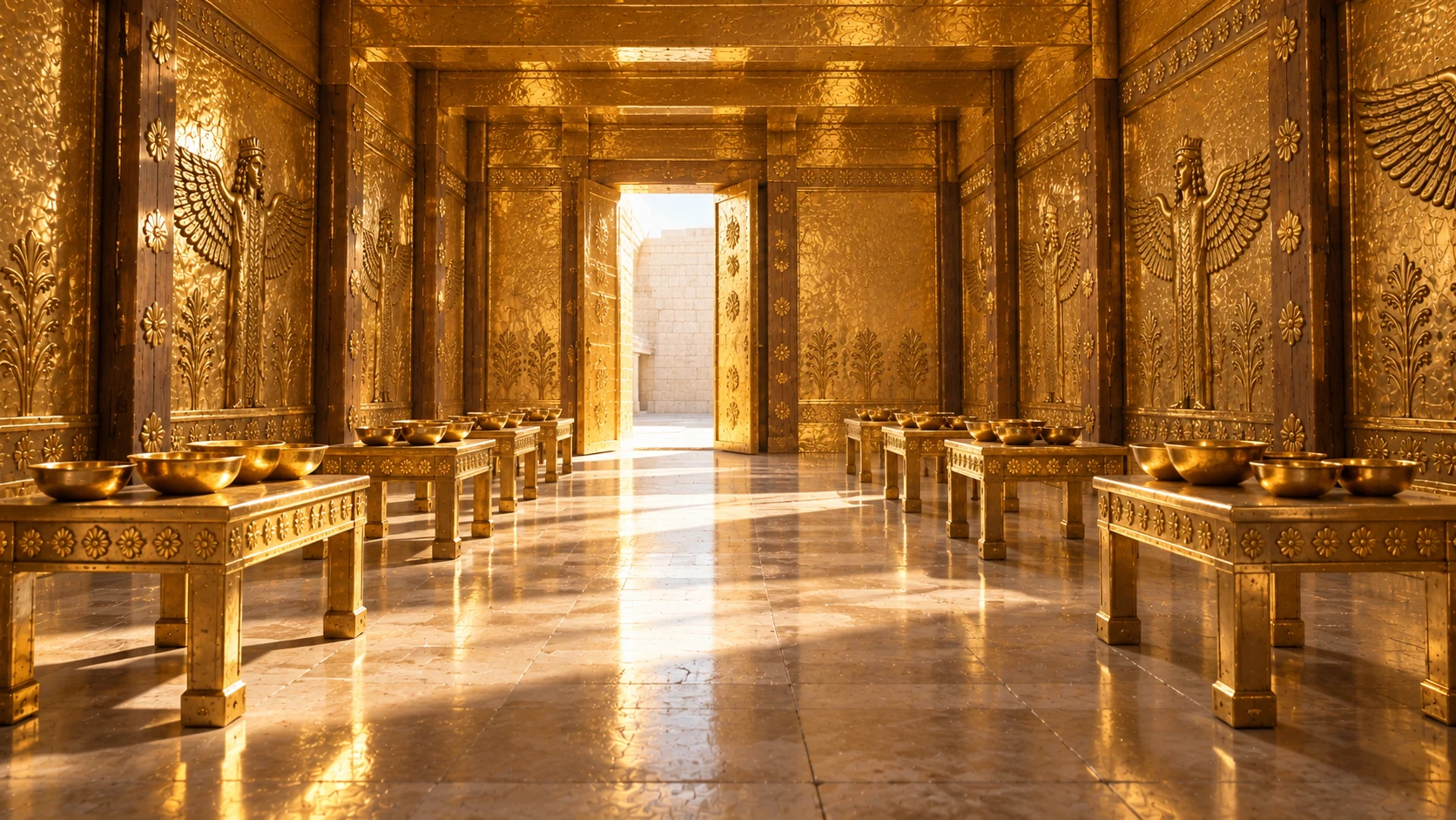 Wide nave view ten modest gold-covered tables, FIVE per side, a few representative shallow golden bowls neatly grouped on nearest tables. Preserve golden relief-wall motifs reference, no assertion of visually counting all hundred bowls. No furniture blocks central path.