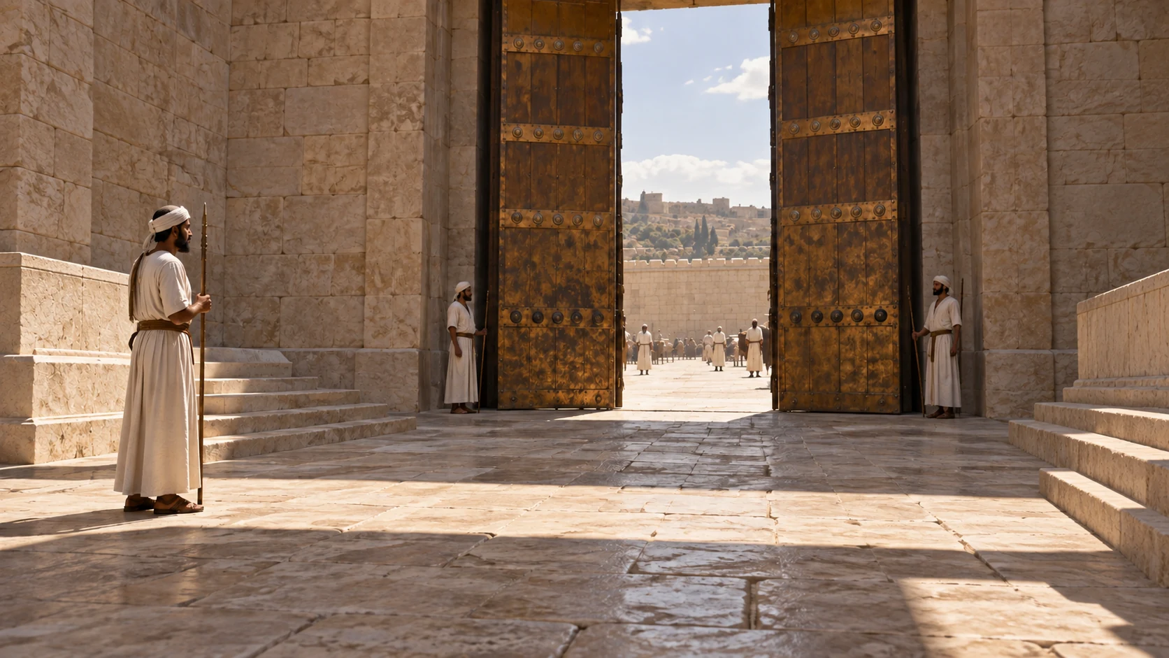 Eye-level view across limestone priest court toward separating rectangular gate with heavy bronze-overlaid cedar doors, outer great court glimpsed beyond. Modest ancient rectangular architecture, natural sun and shade, no dome, no named people.