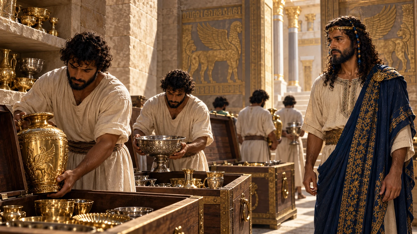 Inside a limestone treasury side chamber, uncrowned linen-clad custodians carry silver and gold vessels into cedar storage chests; builder-era Solomon stands at right quietly overseeing. Finished temple setting. David is deceased, do not depict him present.