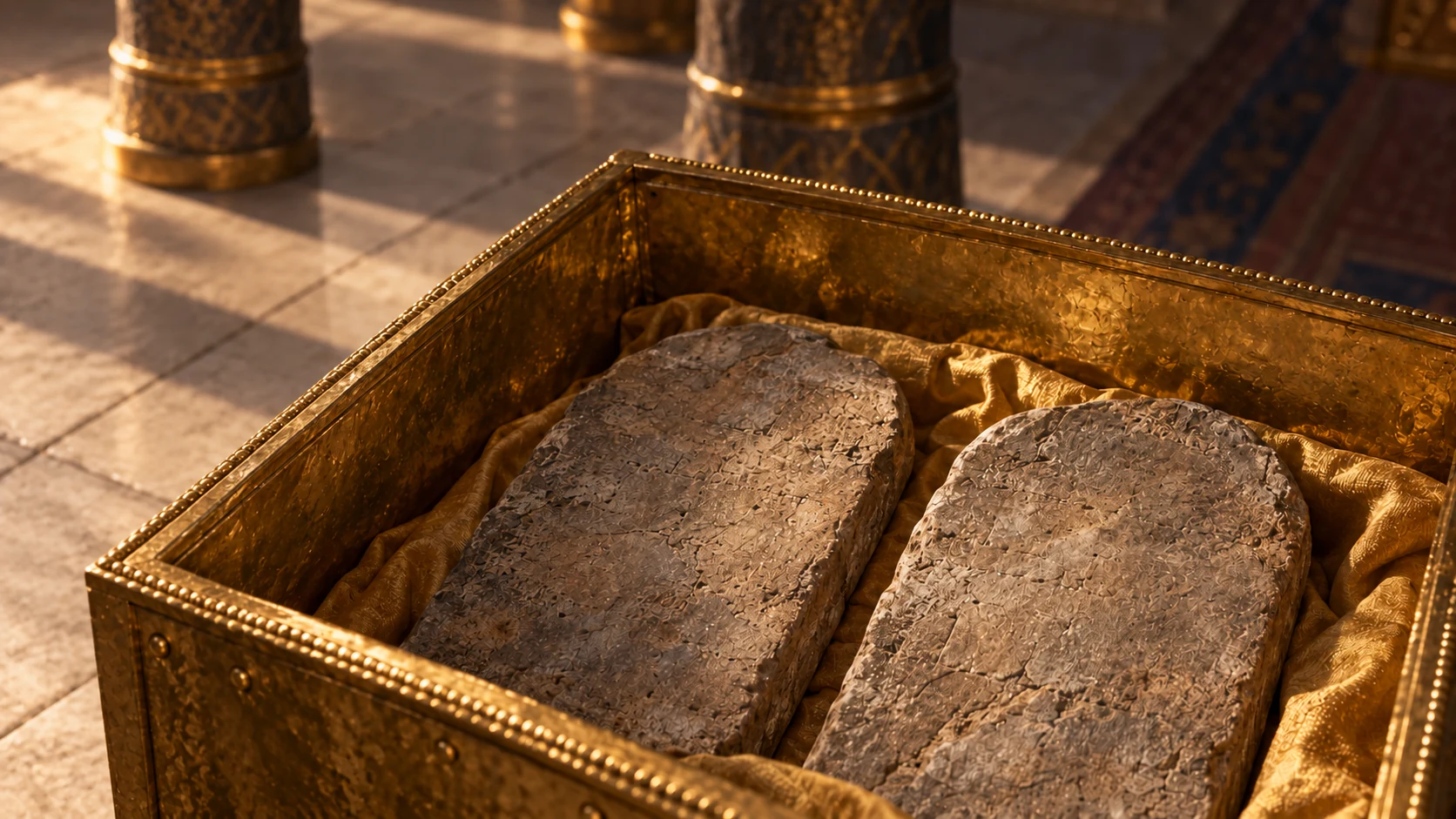 Illustrative close still-life showing TWO worn ancient stone covenant tablets lying within a modest gold-lined chest interior. No additional jar or staff, no human handling, lid and figures outside frame. Tablets mostly uninscribed visible weathered stone face with subtle unreadable incisions, no modern Hebrew typography. This represents contents, not a ceremonial opening event.