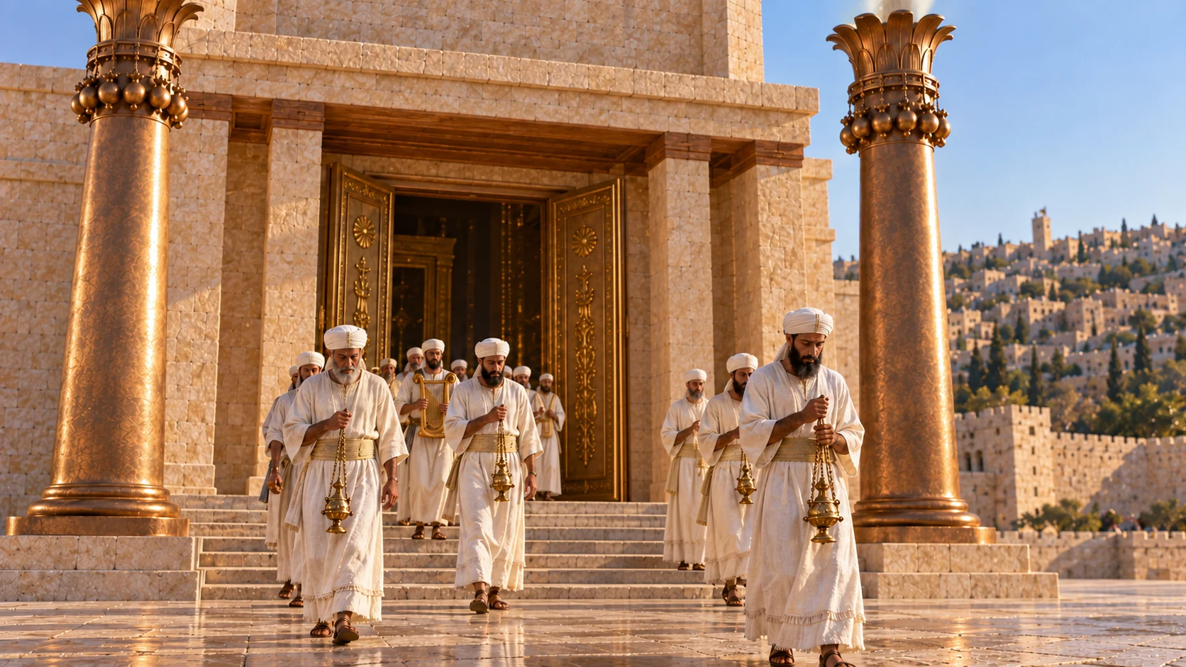 Linen-clad priests emerge solemnly through gold-overlaid temple doorway under low rectangular-post portico, tall bronze freestanding pillars either side. Distinct olive-brown faces and natural anatomy. No cloud yet, canonical limestone architecture.