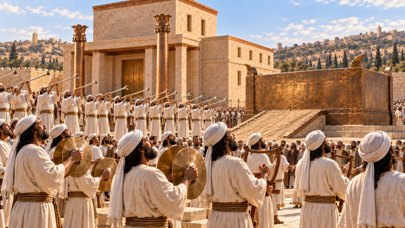 Wide ceremonial music assembly east of massive square bronze altar. Linen-robed singers hold bronze cymbals, small wooden harps and lyres; rows of priests blow slender straight metal trumpets. Ancient instruments correct hand use, no modern brass valves, no modern guitar. Representative crowd, not claiming count120. Warm sunlight, canonical temple behind.