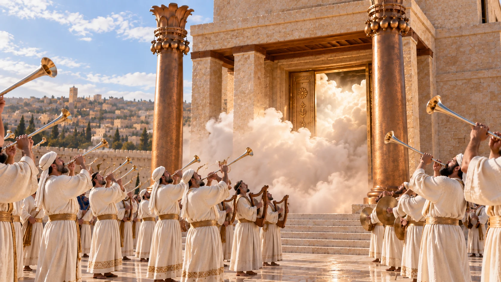 Cinematic mid-wide temple court musicians in cream fine linen singing and blowing straight trumpets together foreground, thick luminous natural white cloud starts filling the canonical gold-overlaid doorway and nave behind. Cloud flows from within house, not fire, no deity figure. Temple bronze pillars plain portico unchanged.