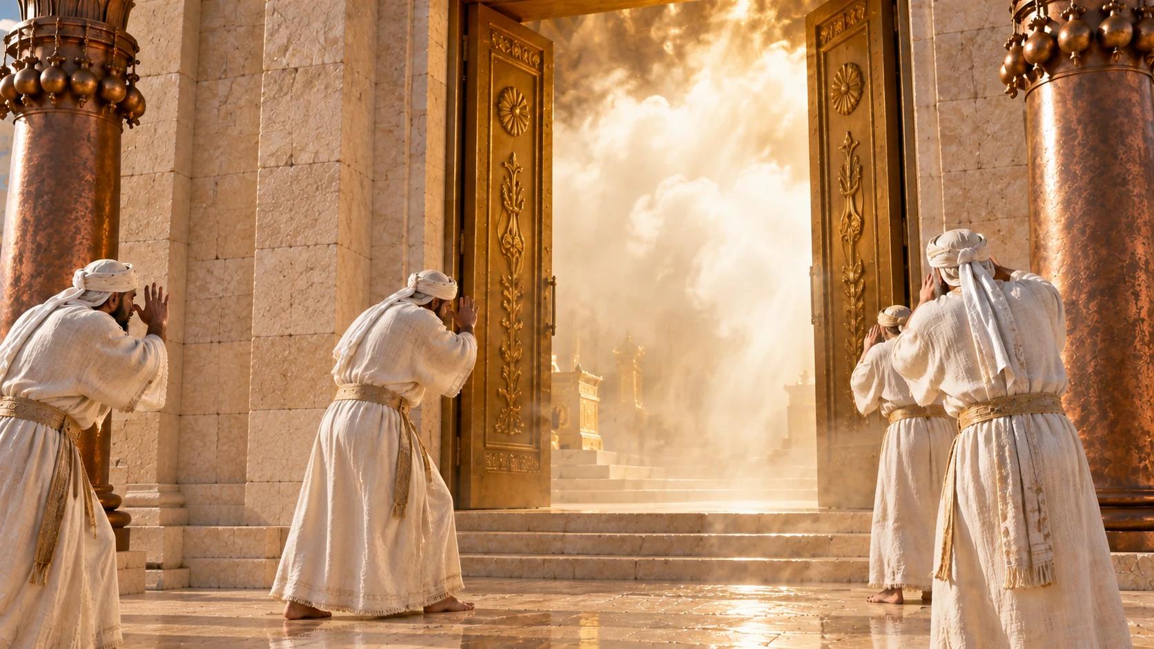Intimate dramatic threshold view linen-clad priests halted at golden doorway, shielding eyes and stepping back reverently from dense glowing white cloud filling golden interior. Photographic volumetric cloud natural, no humanoid deity, no flames, no invented falling injuries. Two bronze pillar edges frame only, authoritative doorway geometry.