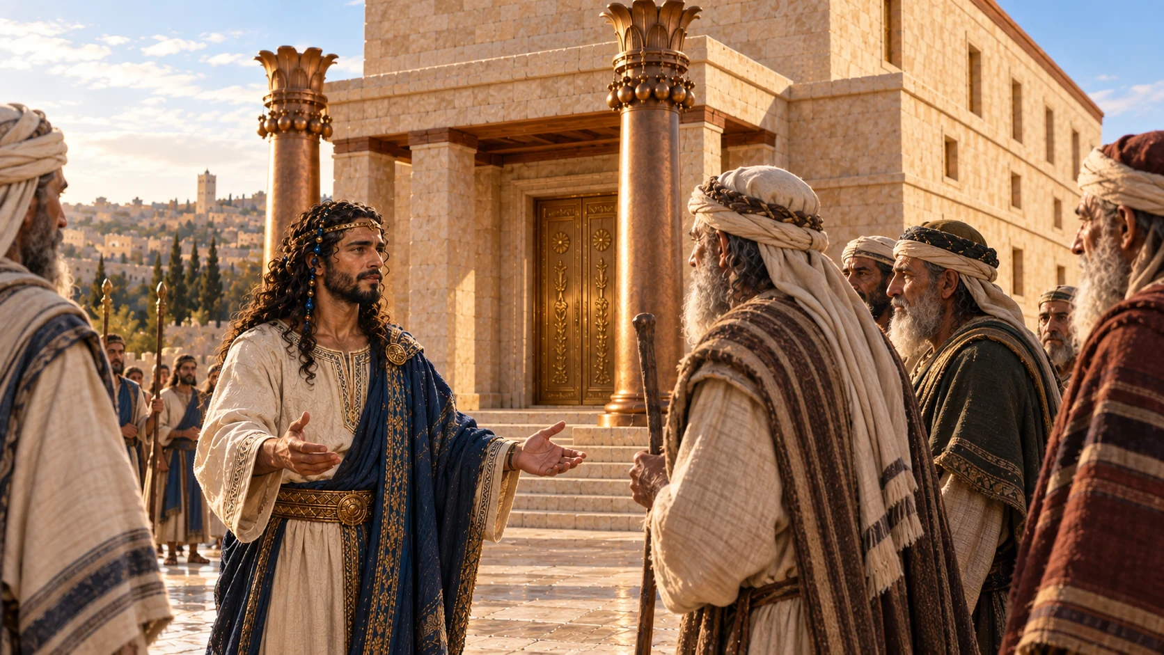 Builder-era Solomon left foreground welcomes distinct older tribal leaders in restrained linen and wool garments in temple court. Temple exact reference architecture, two bronze pillars, low rectangular-post portico. No Ark yet.
