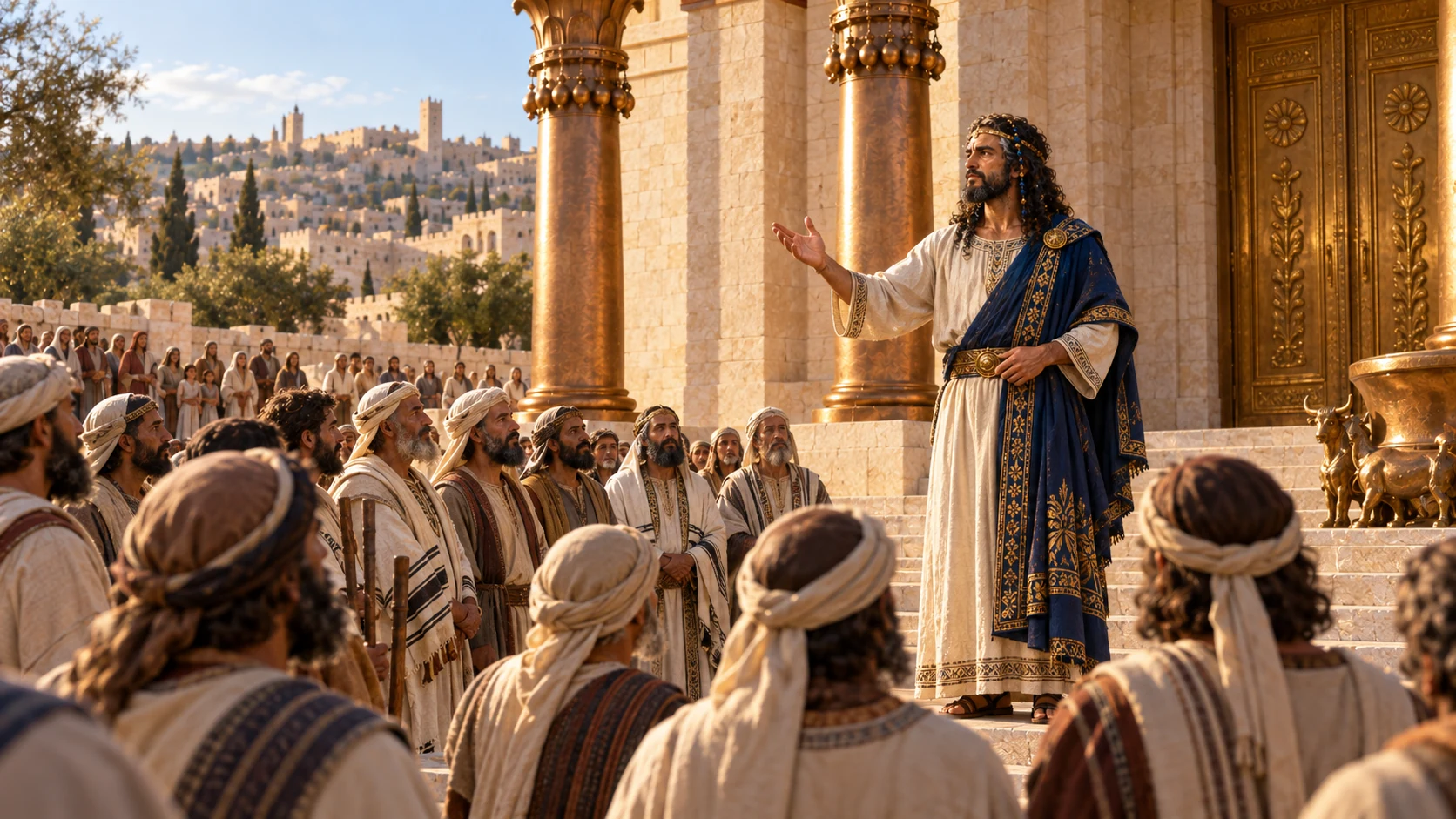 Wide autumnal Jerusalem festival assembly: diverse ancient Israelite men in cream linen and earth-tone wool gather before builder-era Solomon on a modest step. Families distant courtyard edge, early autumn warm light; canonical temple behind. No modern flags.