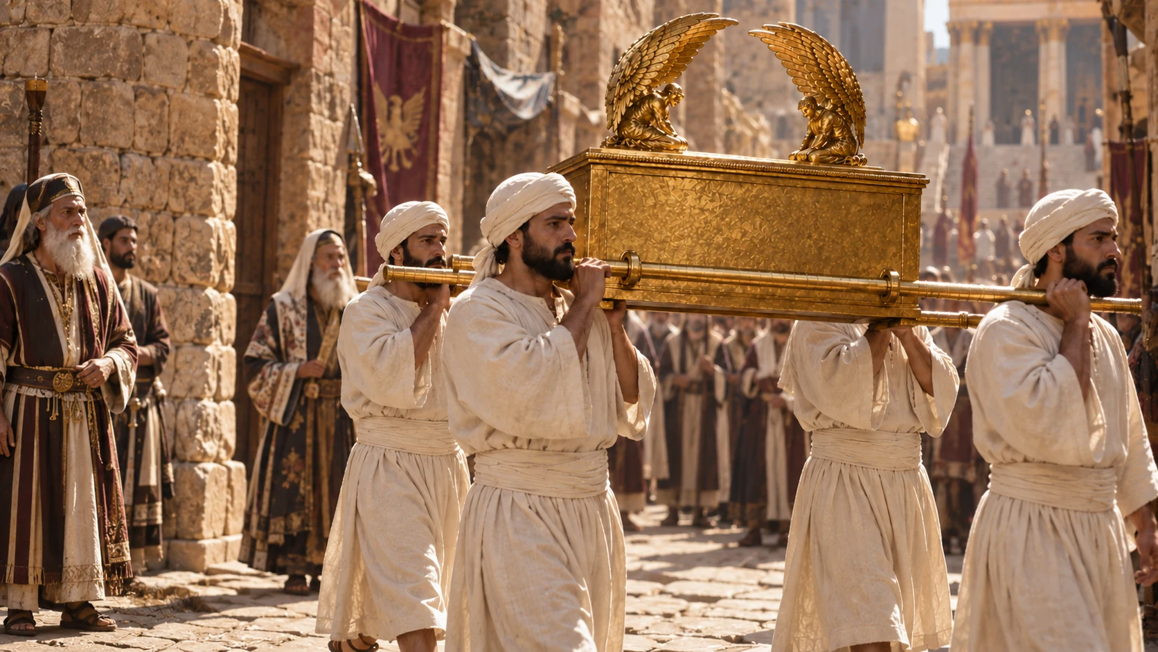 Medium side view procession through narrow ancient Zion street. Four Levites in unadorned cream linen and headwraps carry gold Ark on TWO long parallel poles resting on shoulders. Gold rectangular chest design from reference, two small kneeling winged figures atop lid facing each other, no wheels, no bare hands touching chest. Separate elderly leaders watch.