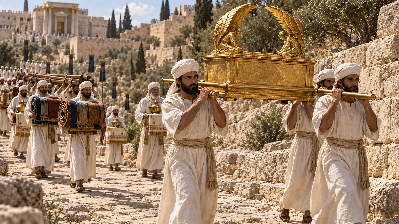 Long procession ascending limestone lane: four linen-clad bearers carry canonical Ark using two long poles, behind them other priests carry bundled woven tent cloth and wooden tent framing and covered holy vessels. A coherent procession no giant erected tent, no modern equipment.