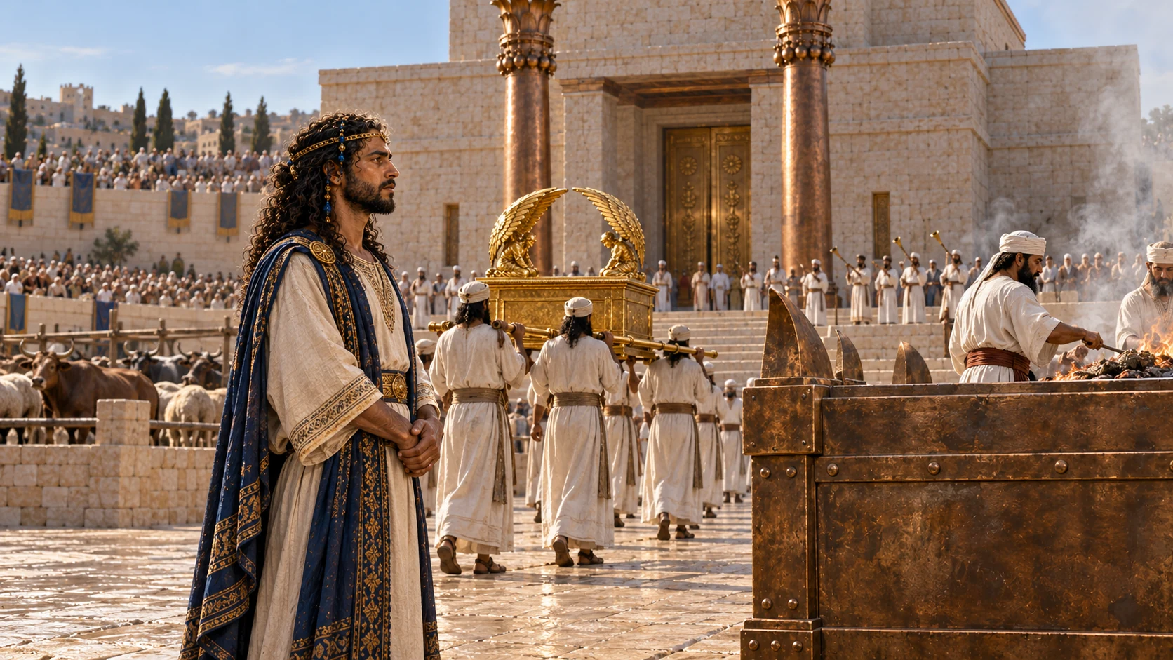 Builder Solomon stands reverently near procession of canonical Ark, animals await beyond low enclosure, priests tend immense square bronze altar foreground edge smoke with small burning offering. Large crowd distant. Convey abundance without exact number or graphic slaughter. Temple canonical design.
