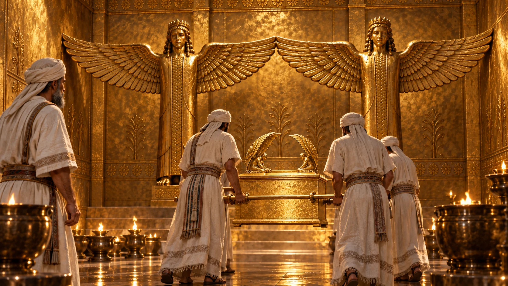 View inside GOLD lined sanctuary with two giant inanimate golden guardians from reference: matching carved-robed figures, wings horizontal touch center and outer walls. Priests carry much smaller canonical Ark on two poles to floor beneath spread wings. Small lid cherubim remain distinct from giant room statues. Realistic warm lamplight, no additional living angels.