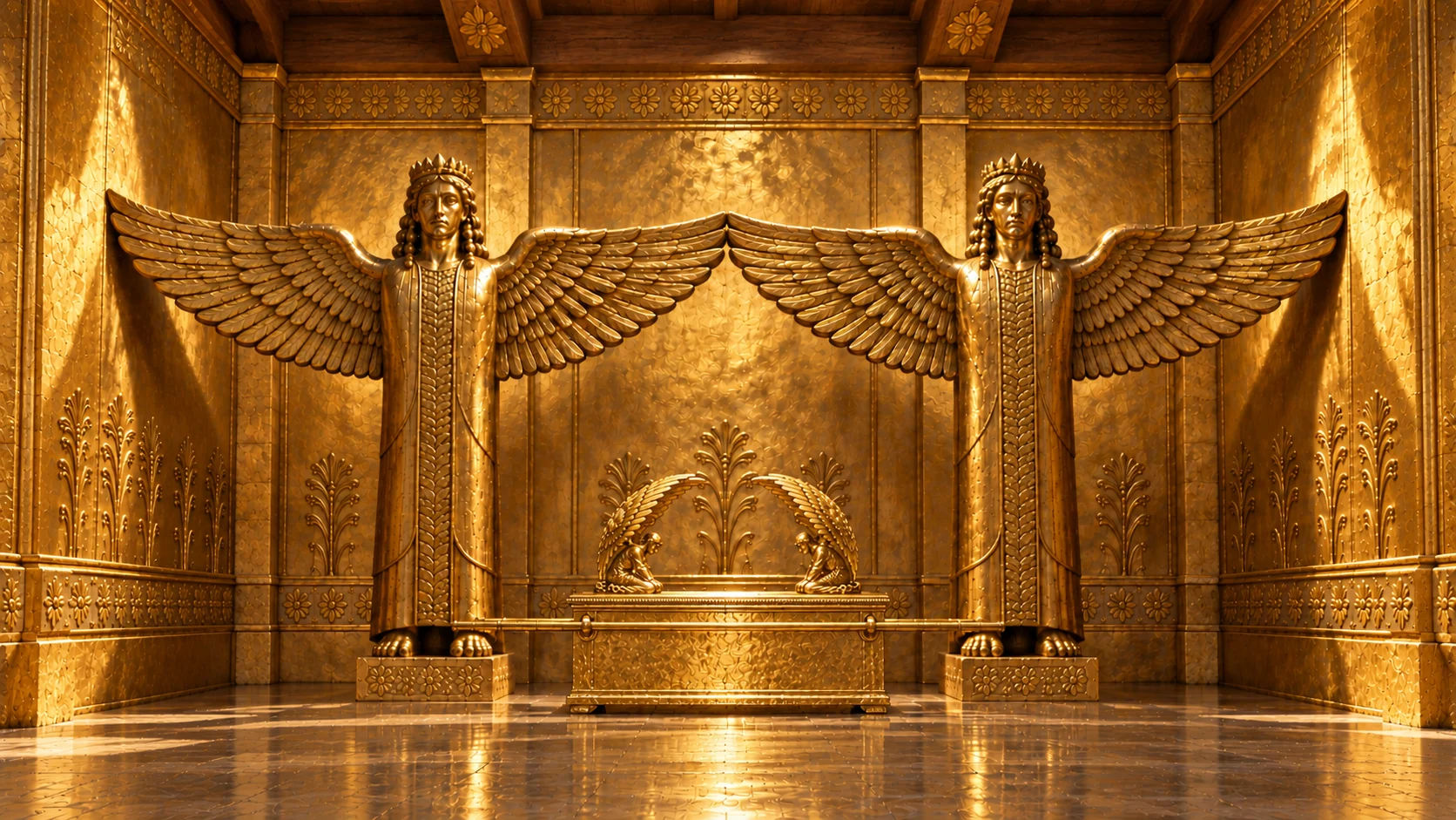 Frontal silent golden sanctuary: two giant carved-robed guardian statues with horizontal spread wings touching center and walls. Small canonical gold Ark centered below their wings, two long parallel poles protrude alongside chest. No priests now, no more than two small kneeling figures on Ark lid. Match both reference designs exactly.