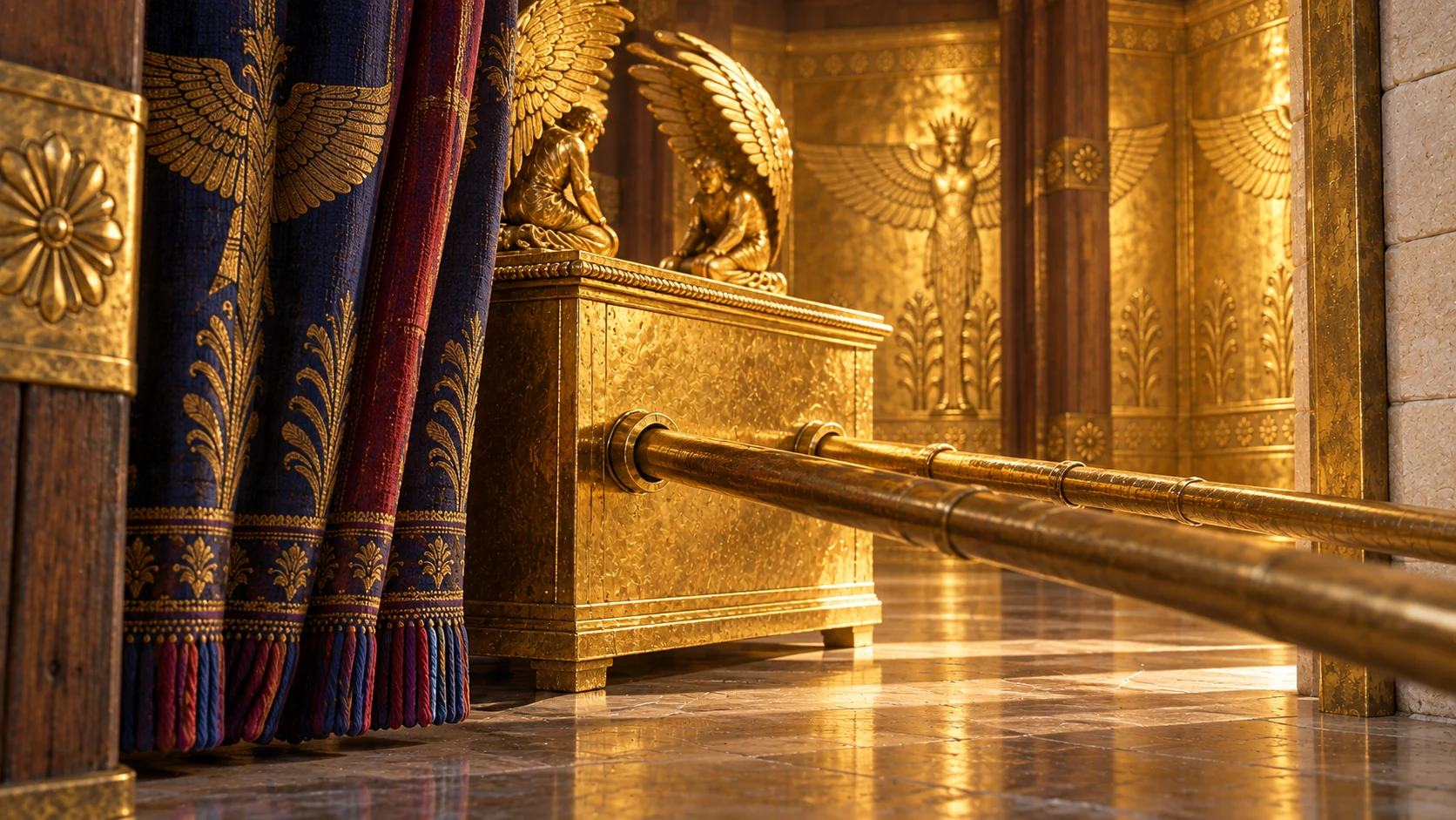 Close low oblique view from golden nave toward inner sanctuary: two long gold-covered parallel carrying poles extend from canonical Ark toward sanctuary entrance, poles fully inside house, foreground edge blue-purple-crimson veil drawn aside. Golden carved guardian wings glimpsed deep background, no people or exterior view.