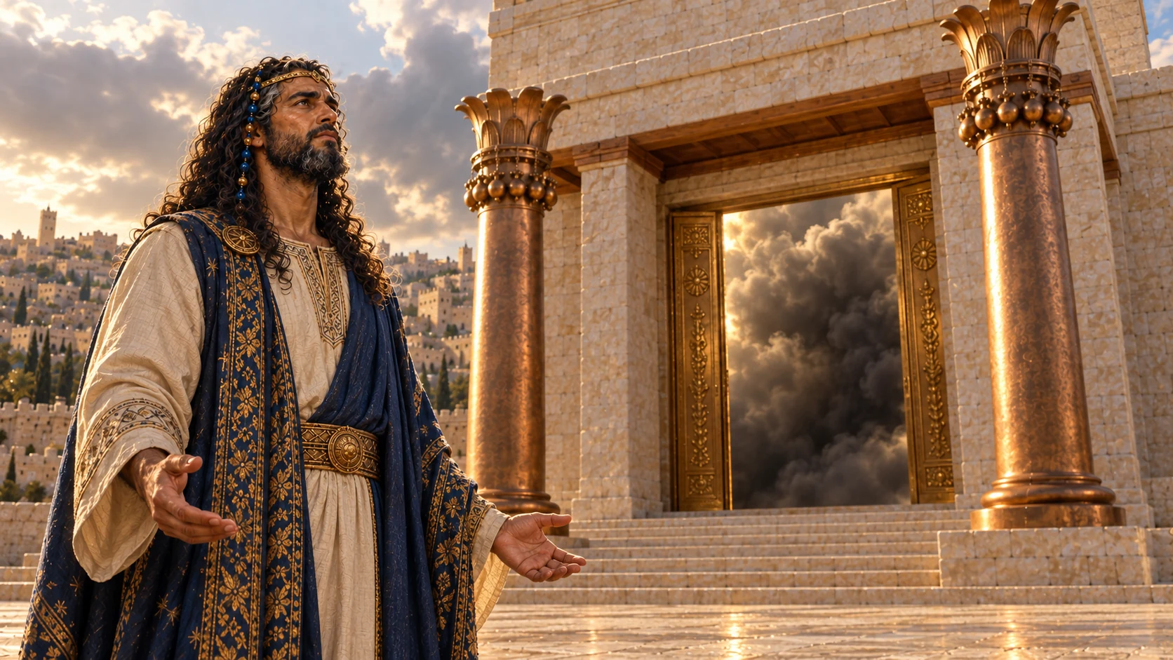 Builder-era Solomon stands outside canonical temple, dark dense cloud fills open golden doorway. Wide dramatic solemn afternoon, two bronze pillars. No figure in cloud.