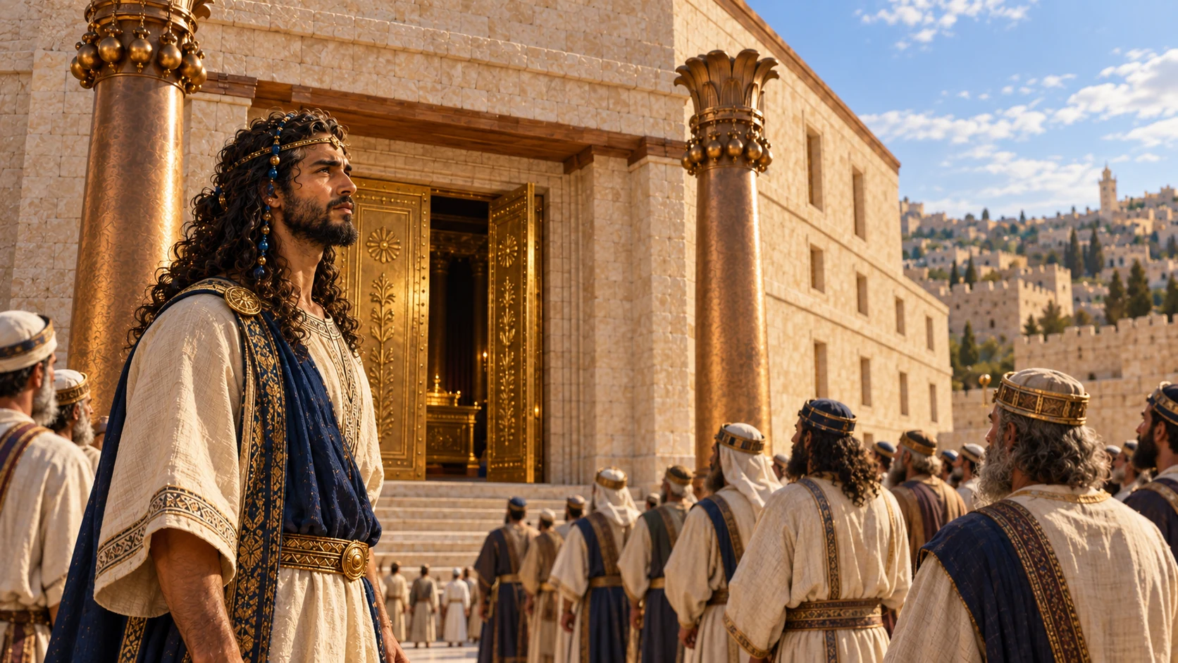 Wide builder Solomon standing near temple entrance looks toward golden house, assembly in court, golden door partlyopen, canonicalarchitecture. Ark remains within hidden sanctuary, not carriedout.