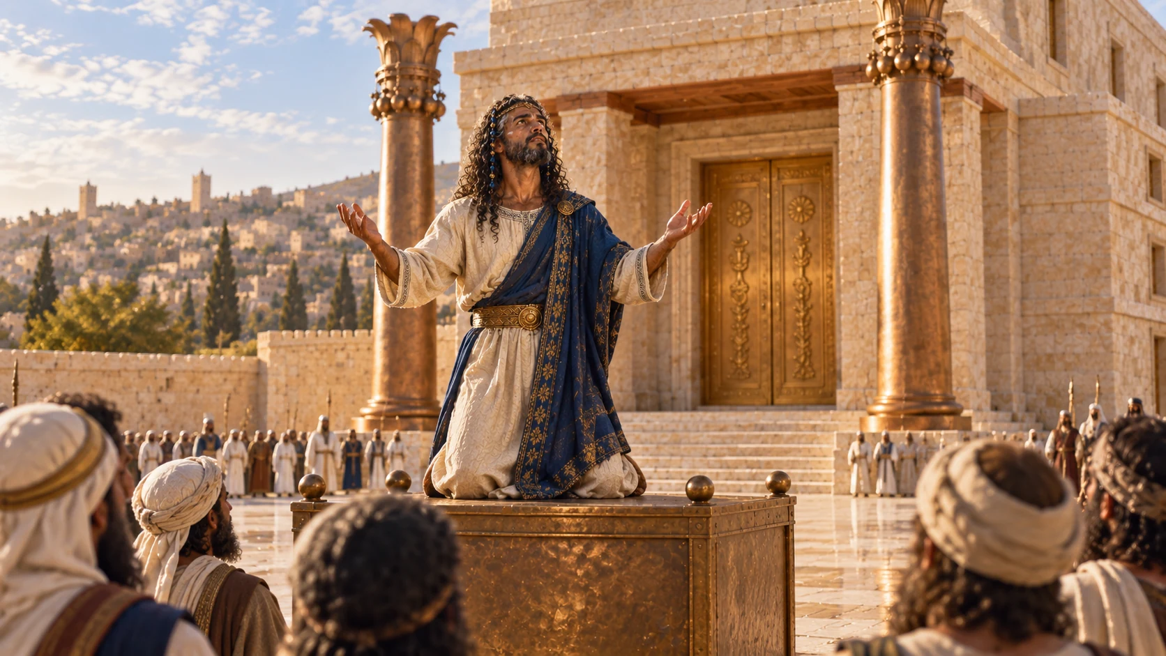 Builder Solomon KNEELING on BOTH knees atop modest square bronze platform raised roughlywaisthigh in court, open hands towardheaven, fullbodyvisible both knees weightonplatform, crowdstandingbelow. Templebackgroundcanonical. Bronzeplatform distinctfrommuchlargeraltar, no throne.
