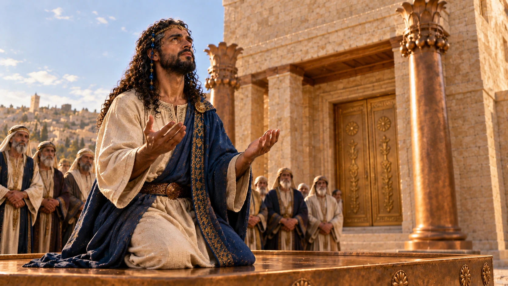 Medium builder Solomon kneeling with open palms levelwithchest, linen folds blueouterrobe, lowangle bronzeplatformedge foreground, eldersattentivebackground. No throneorDavid.