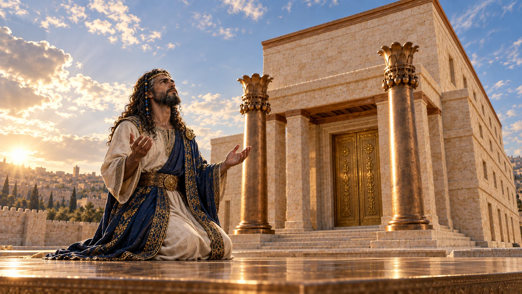 Wide lowangle builder Solomon kneeling smallforeground onbronzeplatform, vast naturalskyabove canonicaltemple; no supernaturalfigure orspaceimagery. Grandeur throughscalephotography.