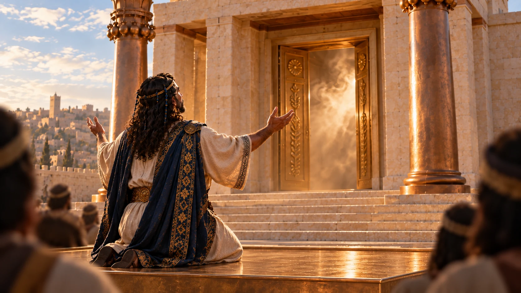 Over-shoulder builder Solomon kneeling bronzeplatform armsopen toward goldtempledoor, gentle cloudremaininginside, assemblysilhouette edges. No priestinsideprayingkingnotenteringsanctuary.