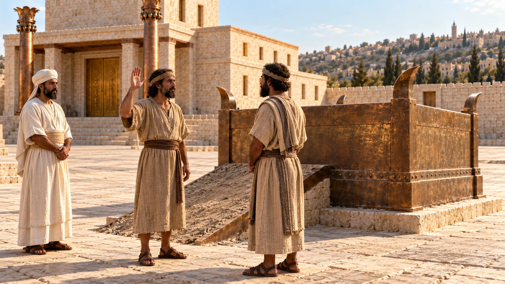 Illustrative possible circumstance in king's prayer: two ordinary uncrowned ancientIsraelite neighbors standsolemnly before bronzealtar, one raisesopenright hand in oath, other listens, linen-robedpriestobserves atside. Canonicaltemplecourt. No punishment portrayed, noSolomon.