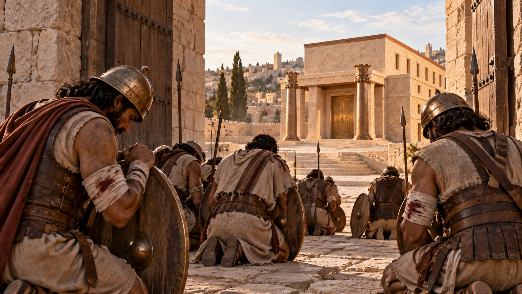 Illustrative possible circumstance: weary ancientIsraelite soldierswithbronzehelmets roundwoodshields kneelreverently outside limestonecitygate towarddistantcanonicaltemple, woundedarmsclothbandages nongraphic. No specific battle named, no royal man.