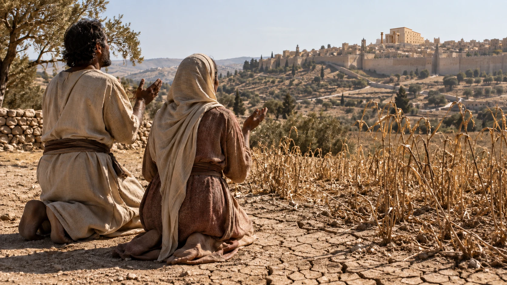 Illustrative possible circumstance: ordinary linenclad farmer andwife kneel atcrackeddryfield edge face towards Jerusalemhill, witheredgrain, harsh sunlight dust. Ancientlandscape noSolomon.