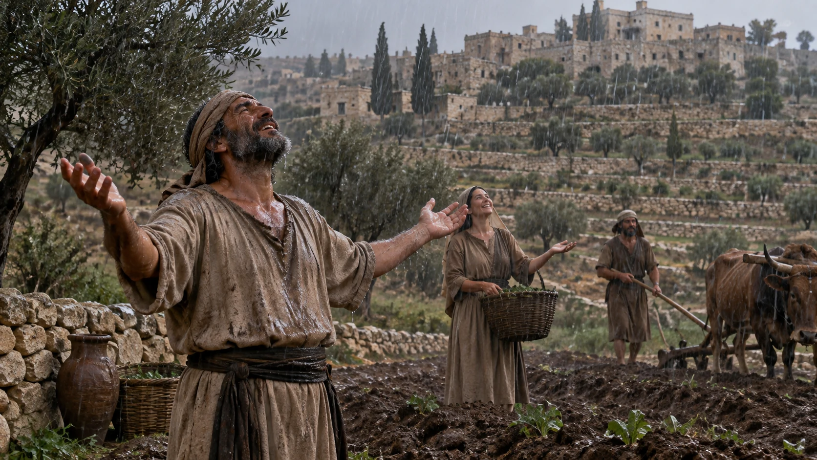 Illustrative answer sought in prayer: steady naturalrain falling on ancientterracedfield, humblefarmers lookup gratefully, wetlinen andfreshsoil,distantstonevillage, no magicalbeams orSolomon.