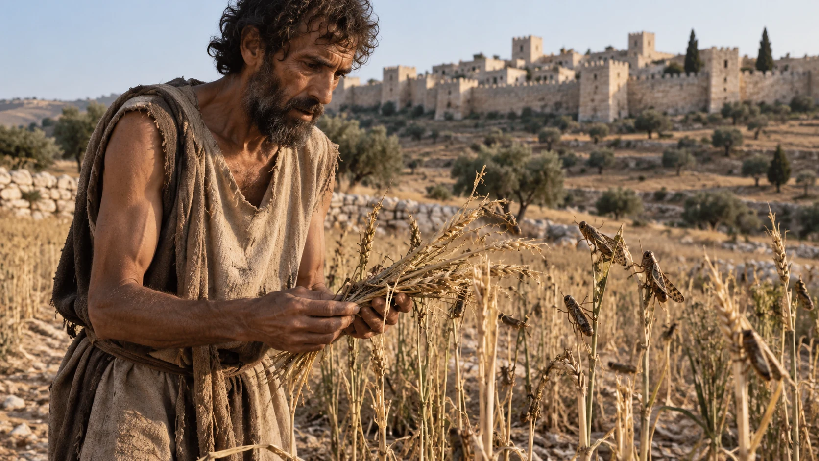Illustrative circumstance: intimate ancientruralfield with blightedgrain anda few realistic locusts consumingstalks; gauntfarmer holds sparseharvest, ancientfortifiedvillage distant. No claimallafflictionshappenatonce; no king.