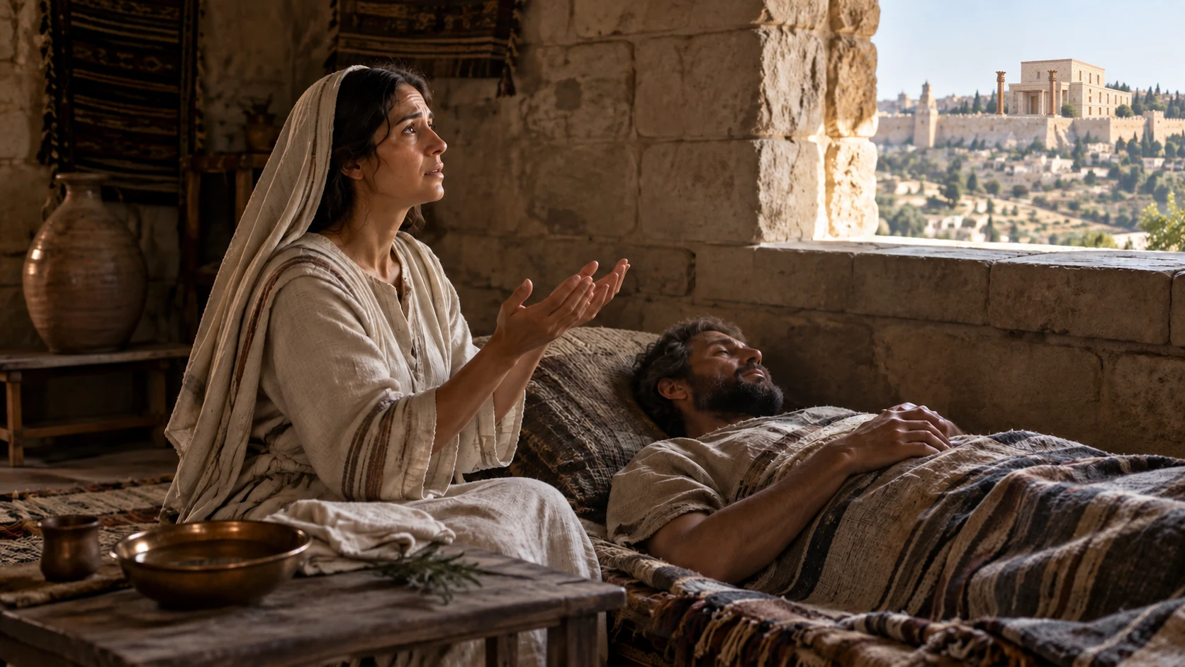 Illustrative prayer: ordinary ancient woman in creamlinen sits beside sickhusband onlowwovenbed withinmodeststonehouse, openspalms towardwindow facingdistantJerusalem. Compassionate nongraphic illness, naturalwindowlight. NoSolomon.