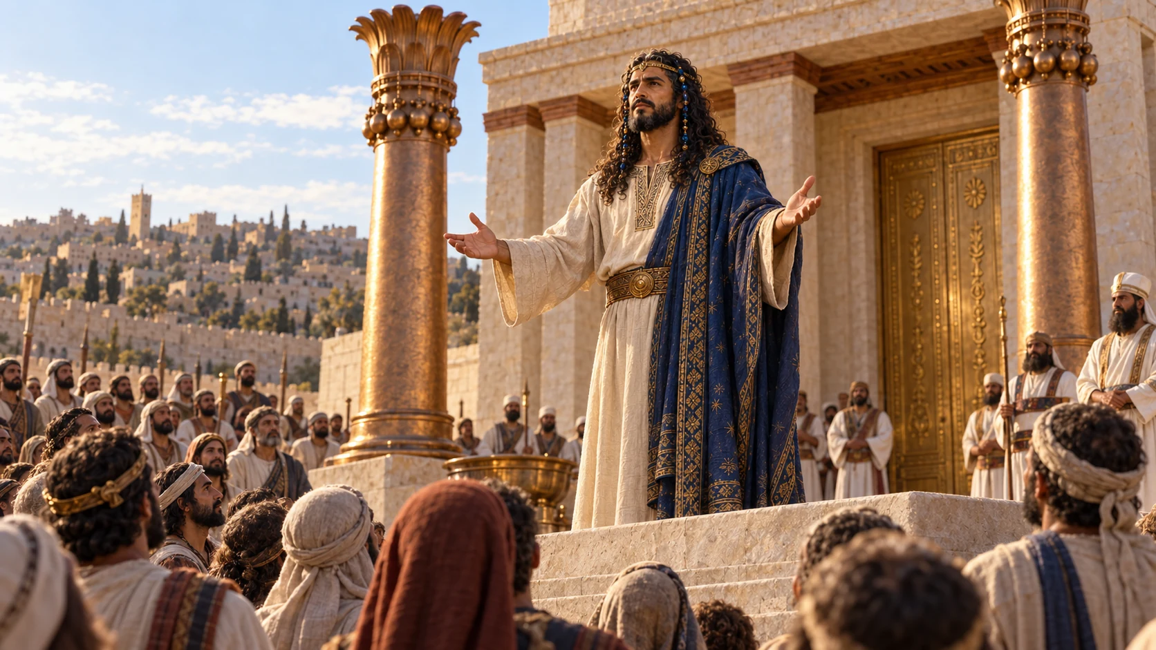 Builder Solomon faces assembled standing Israelites, both open hands extended in blessing, modest court platform, canonical temple behind him. Distinct ordinary crowd faces.